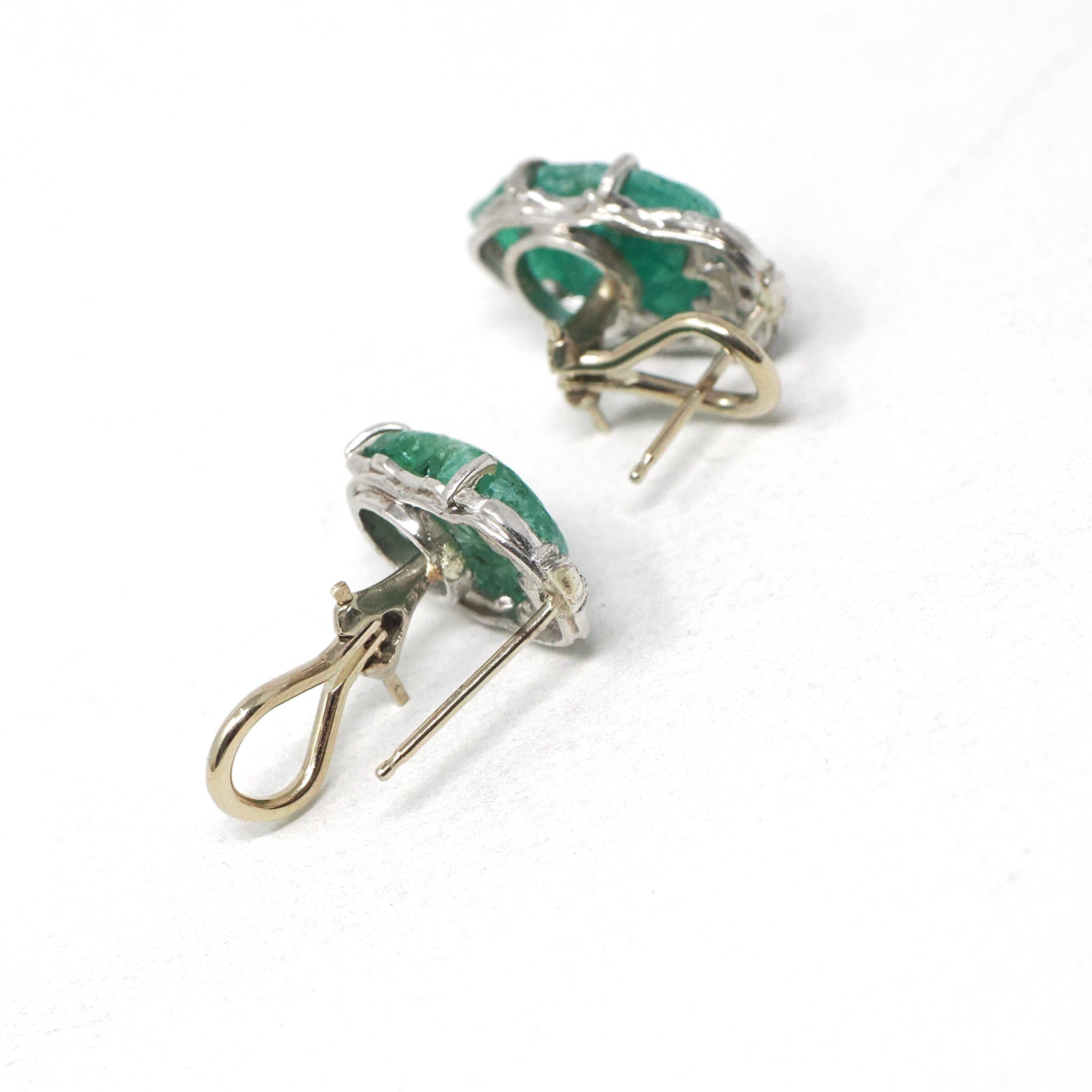 Carved Emerald Earrings - Art Deco Platinum & 14k White Gold Natural Leaf Gemstone Diamond Accent - Circa 1930's Fine May Birthstone Jewelry