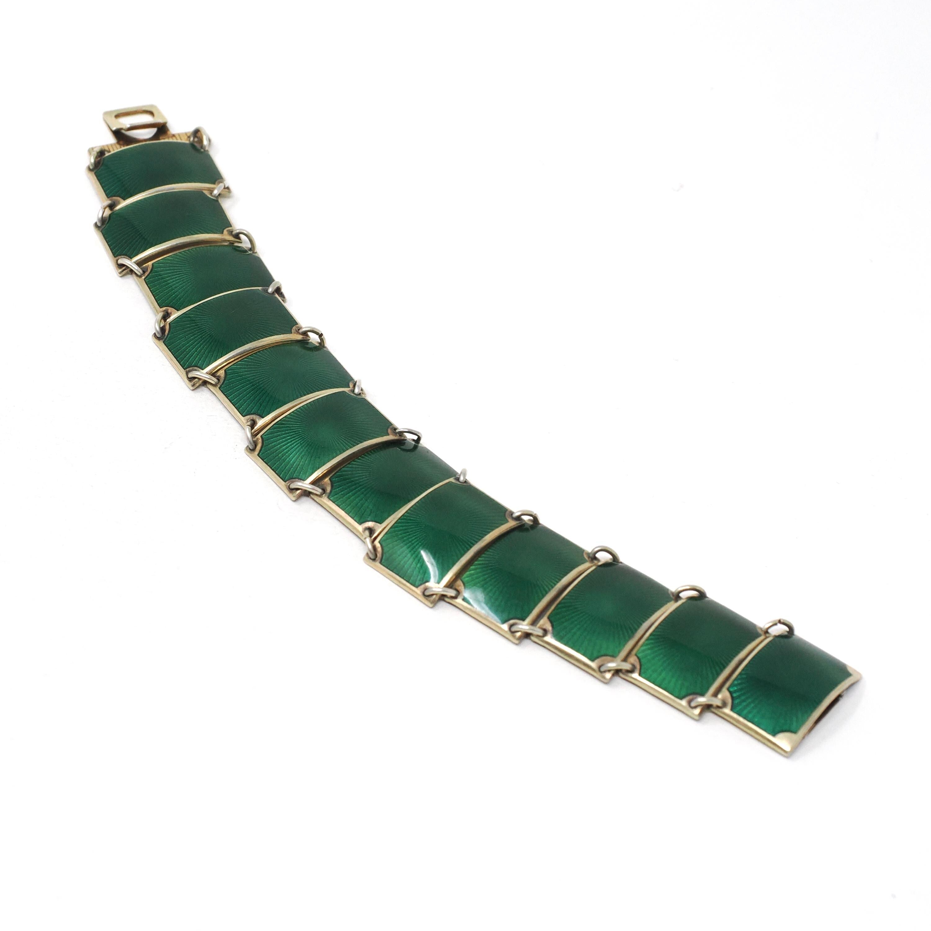 Guilloché Enamel Bracelet - Mid Century Sterling Silver Gold Wash Green Panels - Vintage Circa 1940s Era Statement Norway Norwegian Jewelry