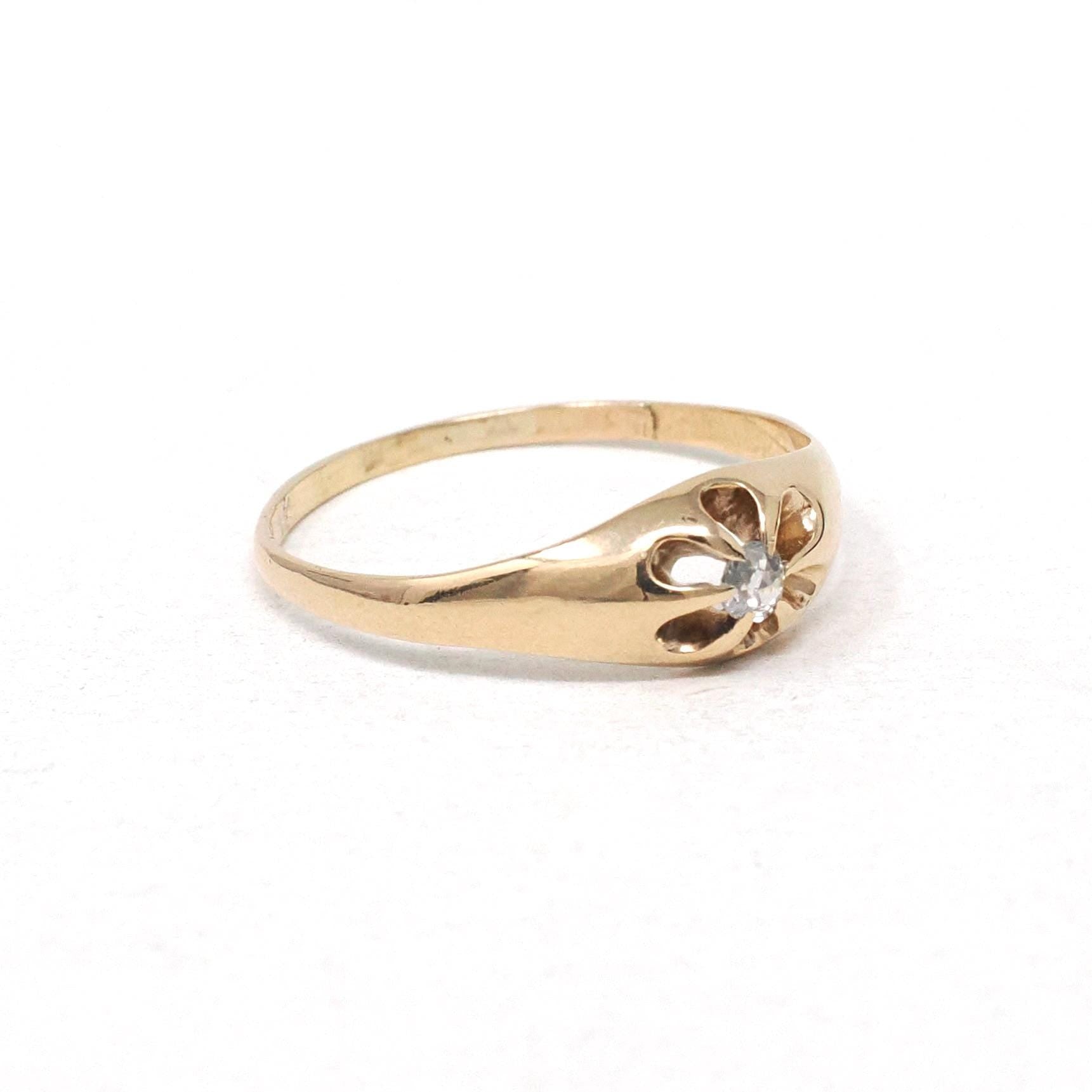 Antique Diamond Ring - Edwardian 14k Yellow Gold Old Mine Cut Belcher Prong Engagement - Circa 1910s Size 7.5 Solitaire Bridal Fine Jewelry
