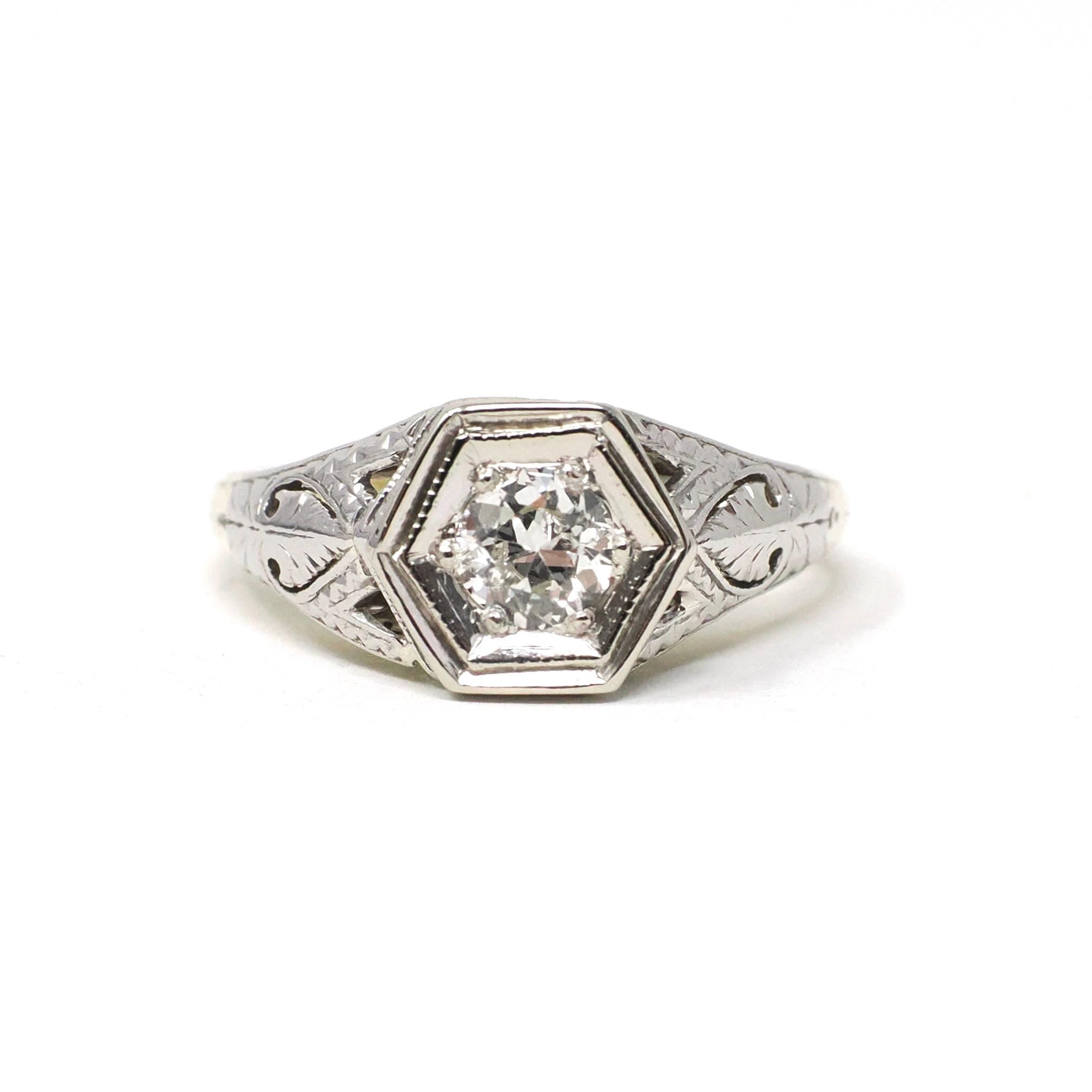 Art Deco Diamond Ring - Antique 14k Yellow White & Yellow Gold .25 CT Old Euro Hex Filigree Solitaire - Circa 1930s Size 3 3/4 Fine Jewelry