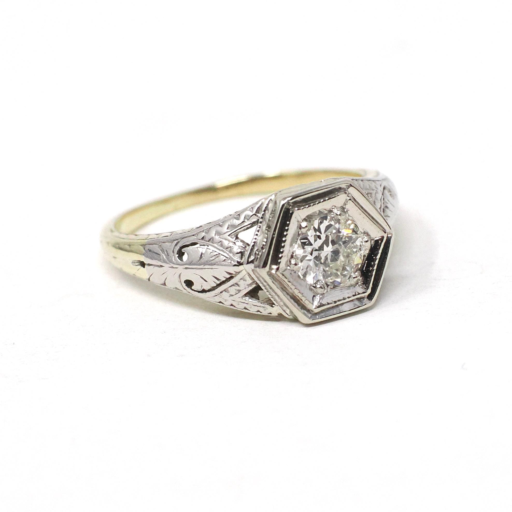 Art Deco Diamond Ring - Antique 14k Yellow White & Yellow Gold .25 CT Old Euro Hex Filigree Solitaire - Circa 1930s Size 3 3/4 Fine Jewelry