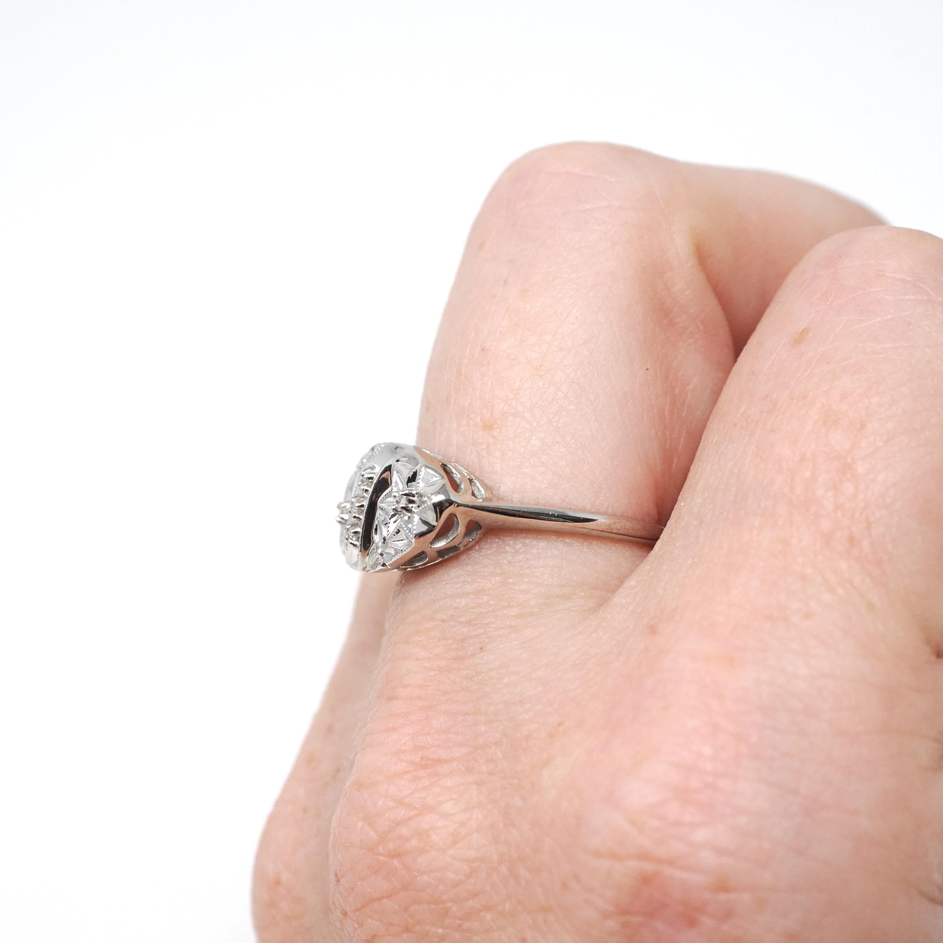 Star Princess Ring - Vintage 14k White Gold Natural .04 CTW Diamonds - Circa 1950s Era Size 6 1/4 Celestial Patriotic Inspired Fine Jewelry