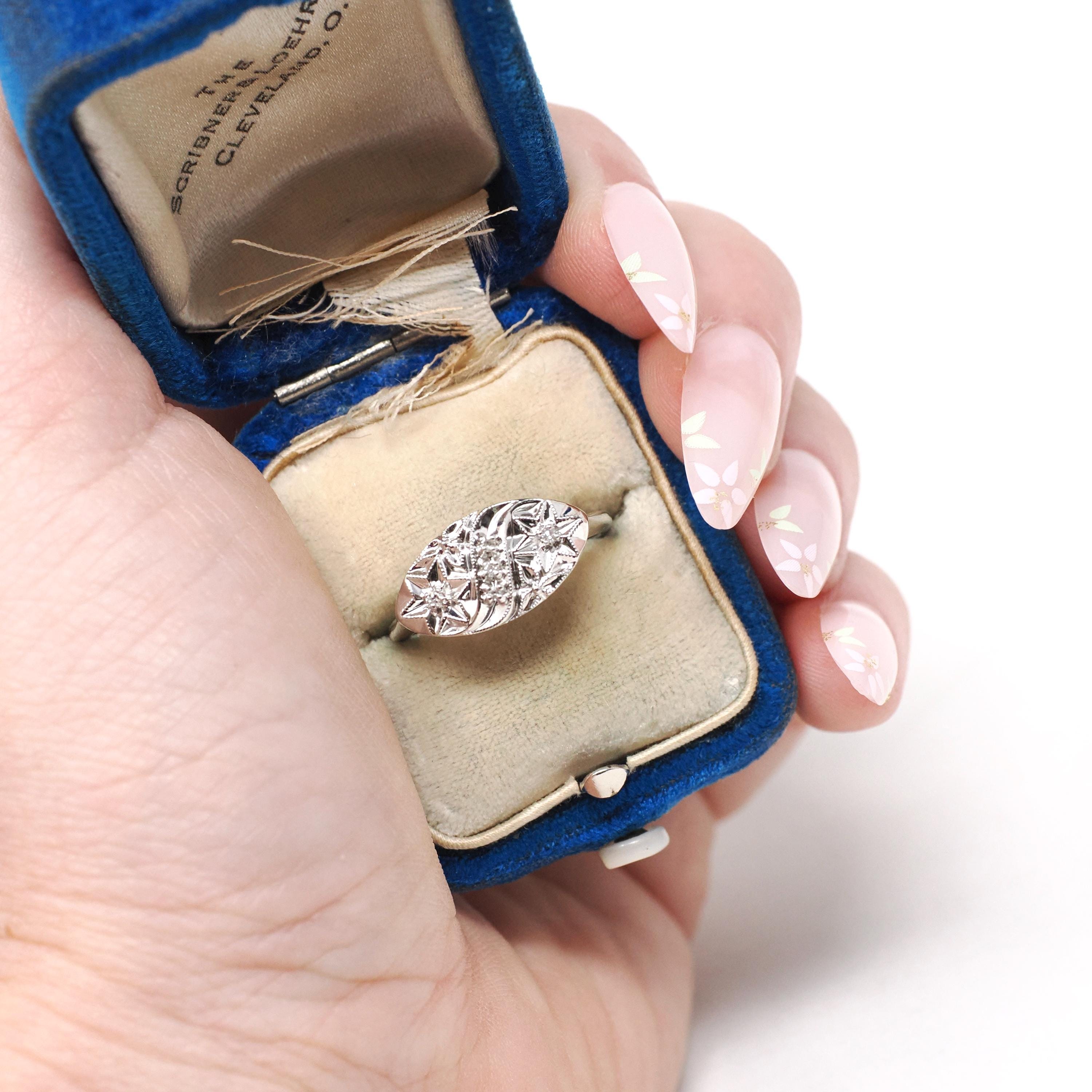 Star Princess Ring - Vintage 14k White Gold Natural .04 CTW Diamonds - Circa 1950s Era Size 6 1/4 Celestial Patriotic Inspired Fine Jewelry