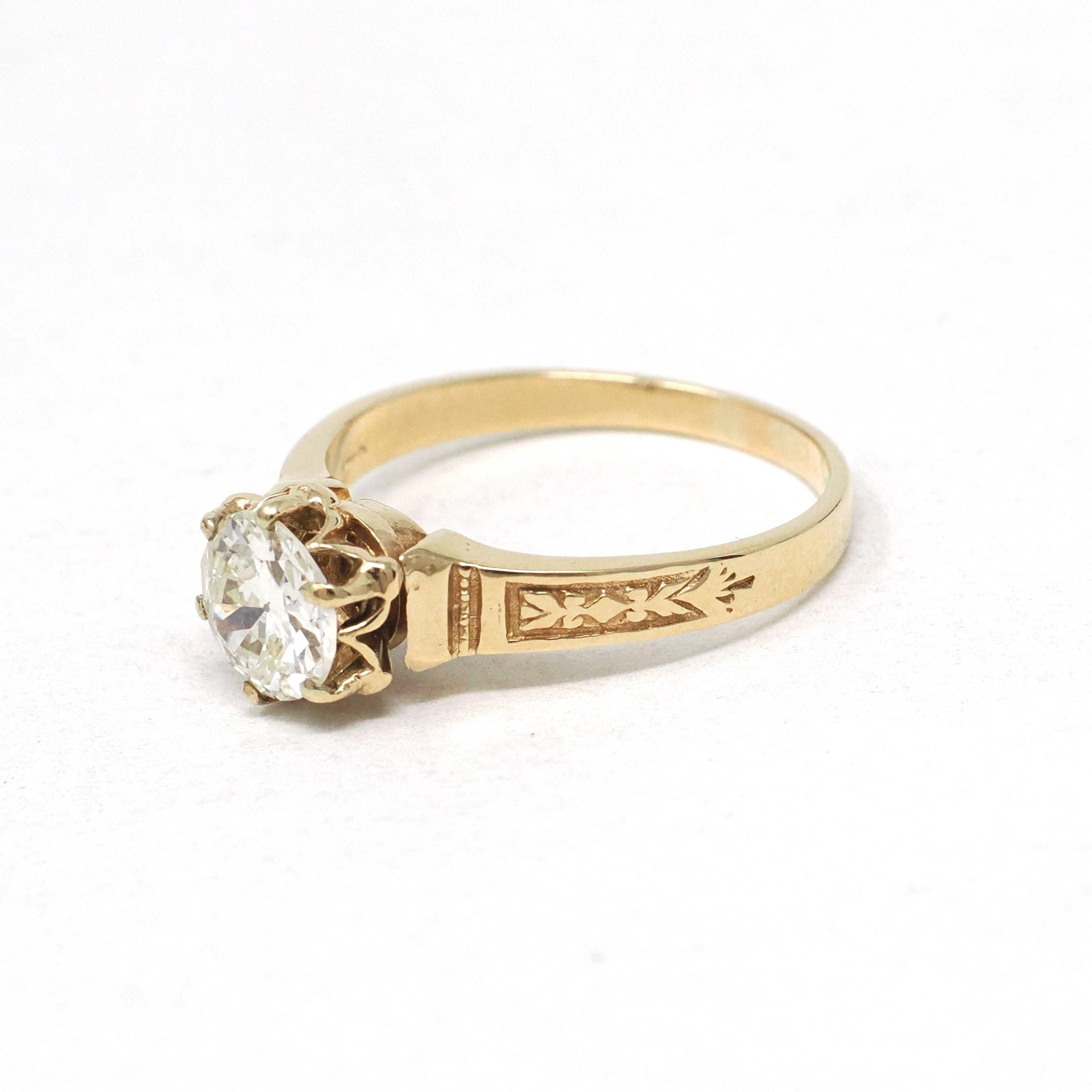 Diamond Engagement Ring - Vintage 14k Yellow Gold .88 CT Old European Cut Solitaire - Victorian Revival Style Size 7 Fine Bridal Jewelry
