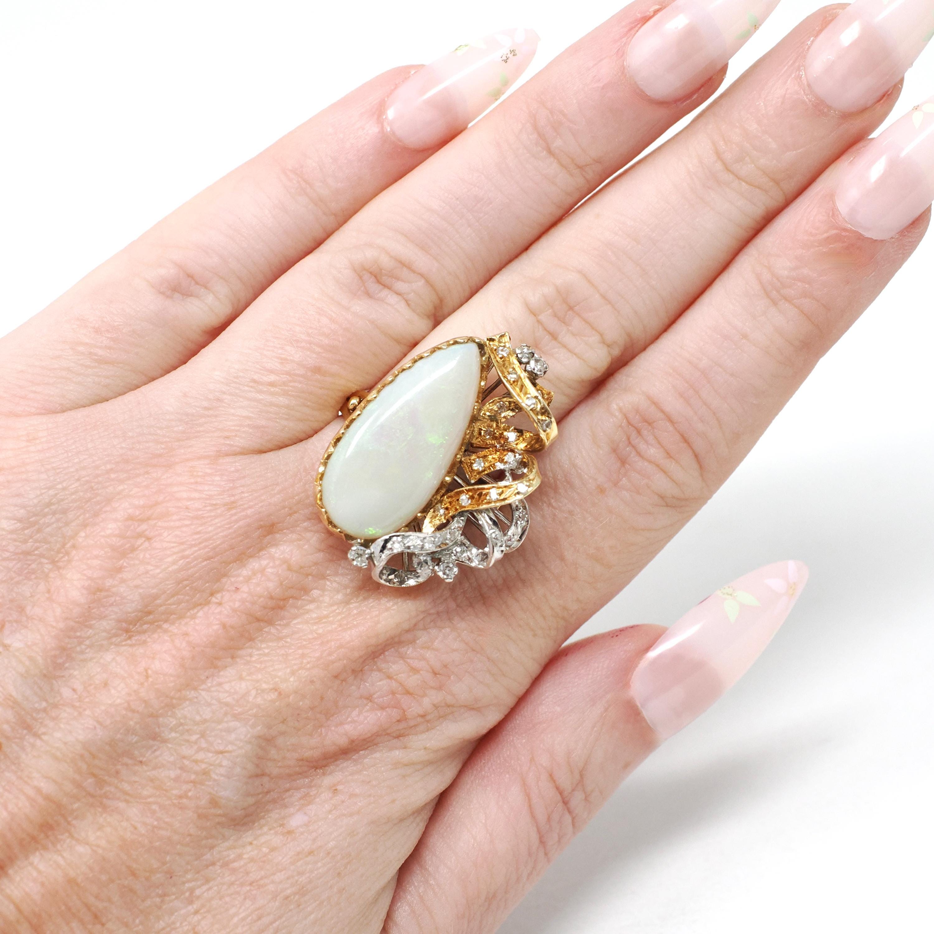 Vintage Opal & Diamond Ring - Retro Era 18k Yellow White Gold Gem Cocktail .23 CTW Accents - Circa 1970s Size 7 Two Tone Ribbon Fine Jewelry