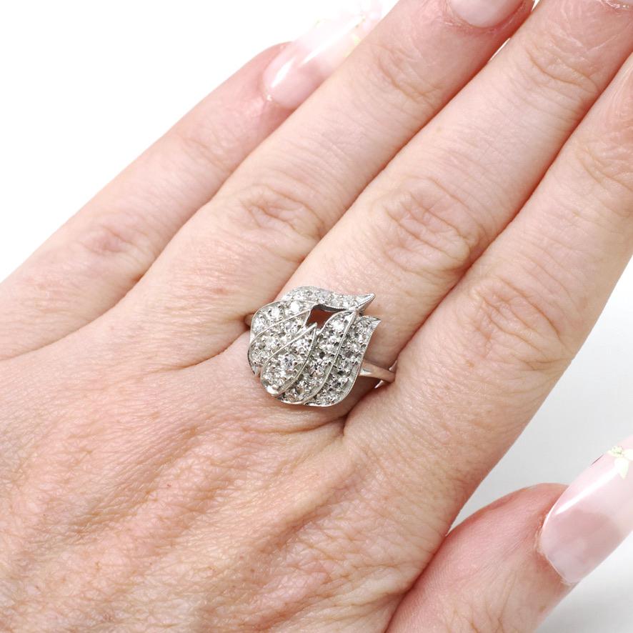 Mid Century Ring - Vintage 14k White Gold Natural .58 CTW Diamond Cluster - Circa 1950s Era Size 6 3/4 Cocktail Flame Fine Statement Jewelry