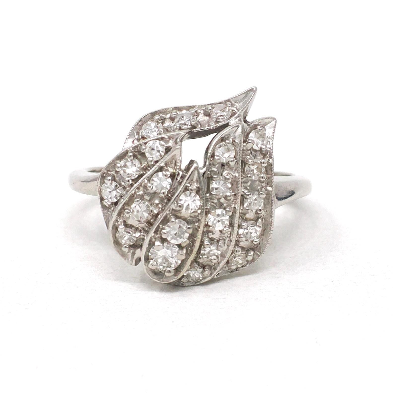 Mid Century Ring - Vintage 14k White Gold Natural .58 CTW Diamond Cluster - Circa 1950s Era Size 6 3/4 Cocktail Flame Fine Statement Jewelry