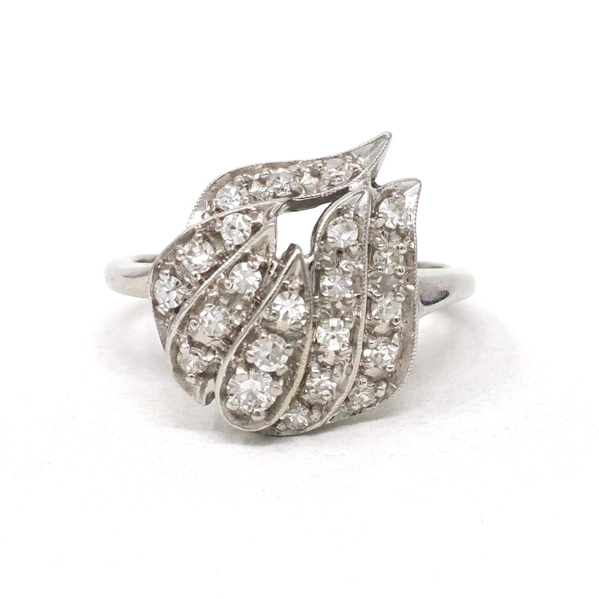 Mid Century Ring - Vintage 14k White Gold Natural .58 CTW Diamond Cluster - Circa 1950s Era Size 6 3/4 Cocktail Flame Fine Statement Jewelry