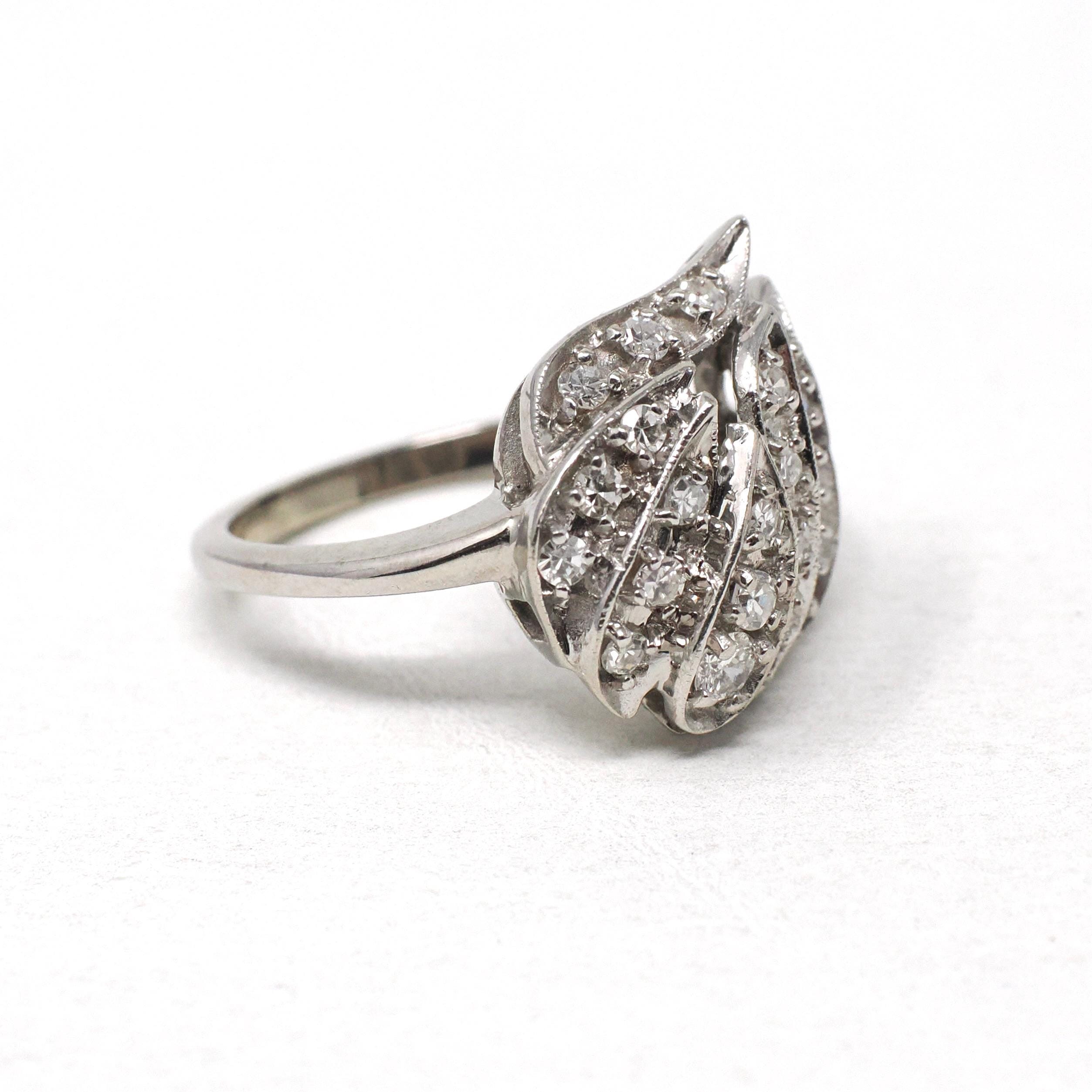 Mid Century Ring - Vintage 14k White Gold Natural .58 CTW Diamond Cluster - Circa 1950s Era Size 6 3/4 Cocktail Flame Fine Statement Jewelry