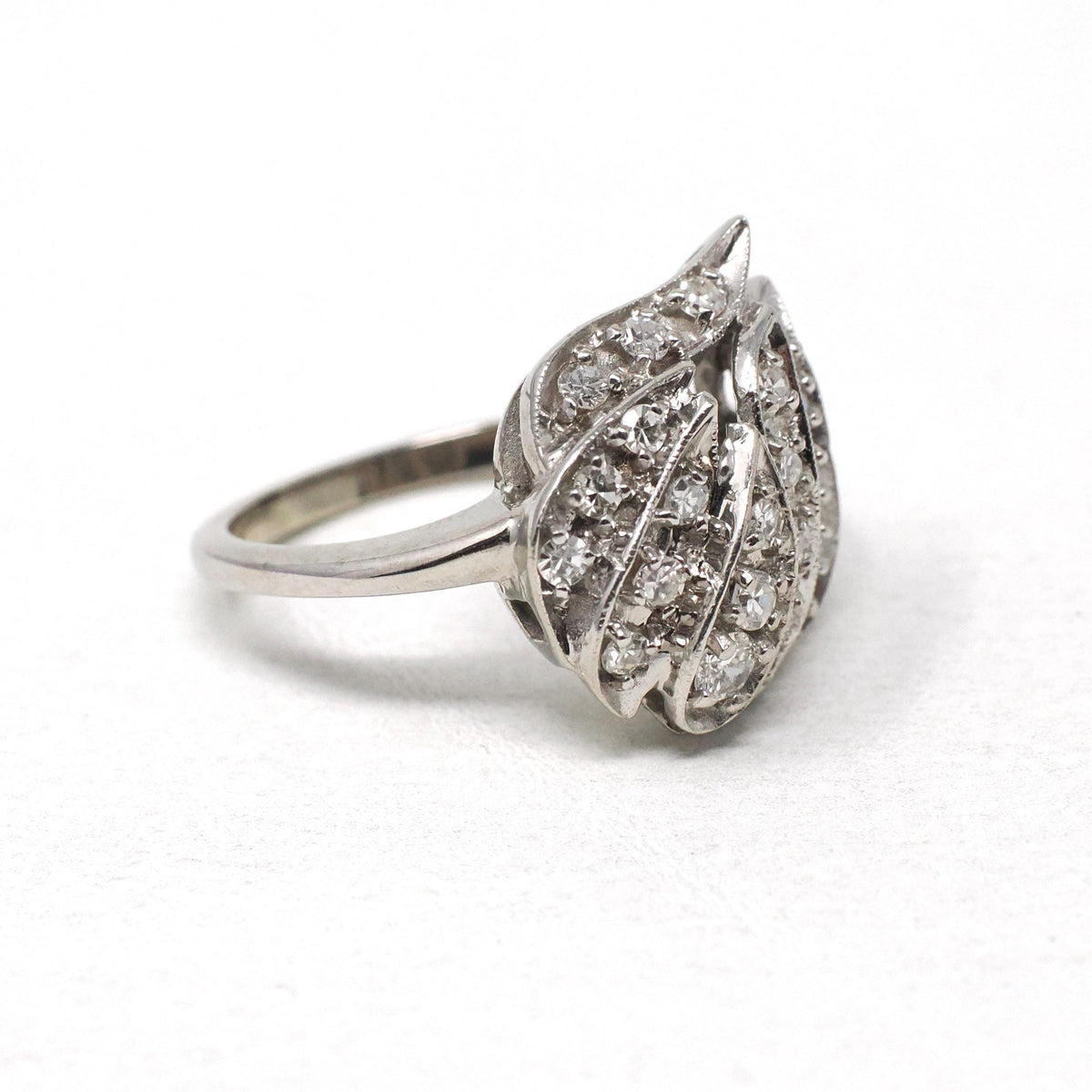 Mid Century Ring - Vintage 14k White Gold Natural .58 CTW Diamond Cluster - Circa 1950s Era Size 6 3/4 Cocktail Flame Fine Statement Jewelry