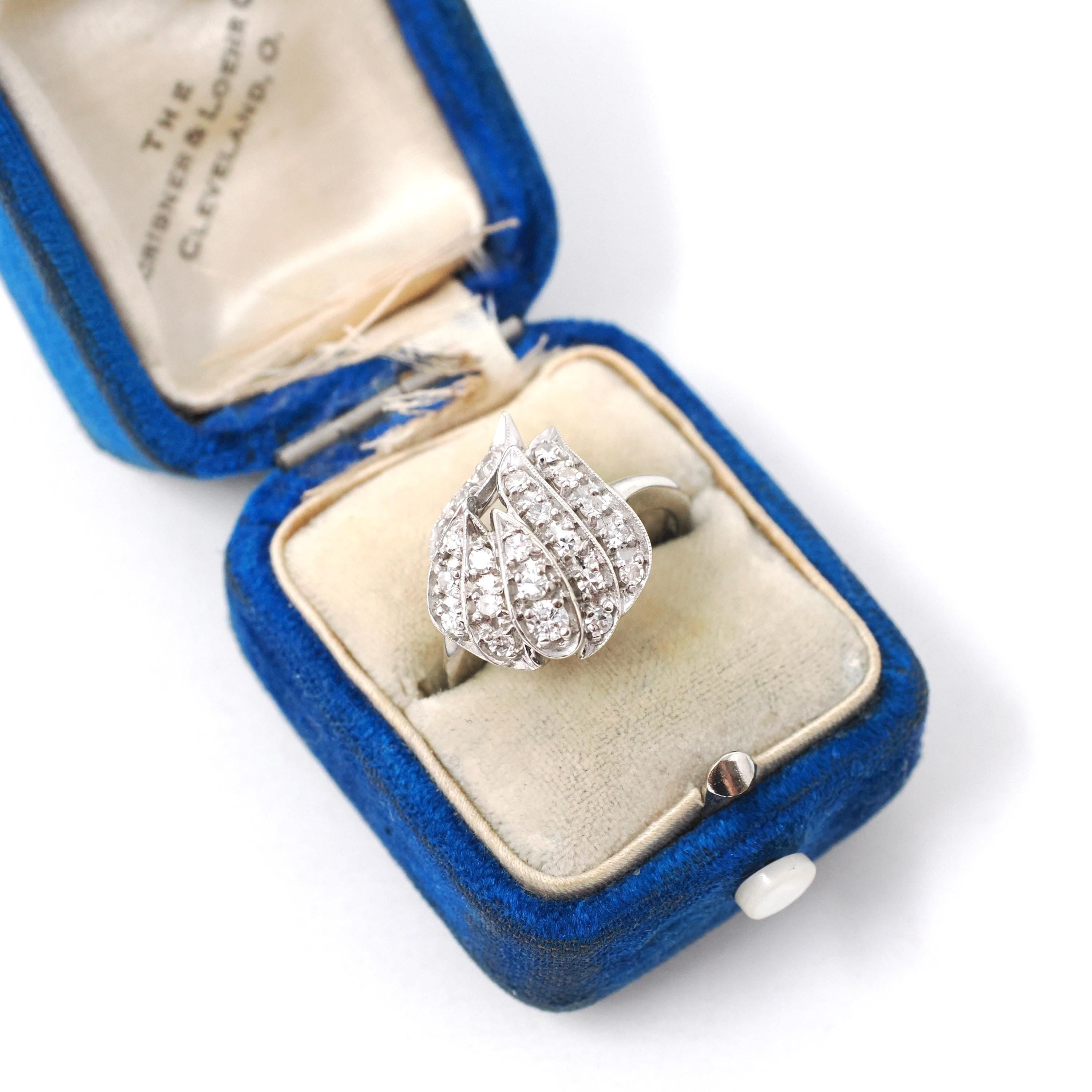 Mid Century Ring - Vintage 14k White Gold Natural .58 CTW Diamond Cluster - Circa 1950s Era Size 6 3/4 Cocktail Flame Fine Statement Jewelry
