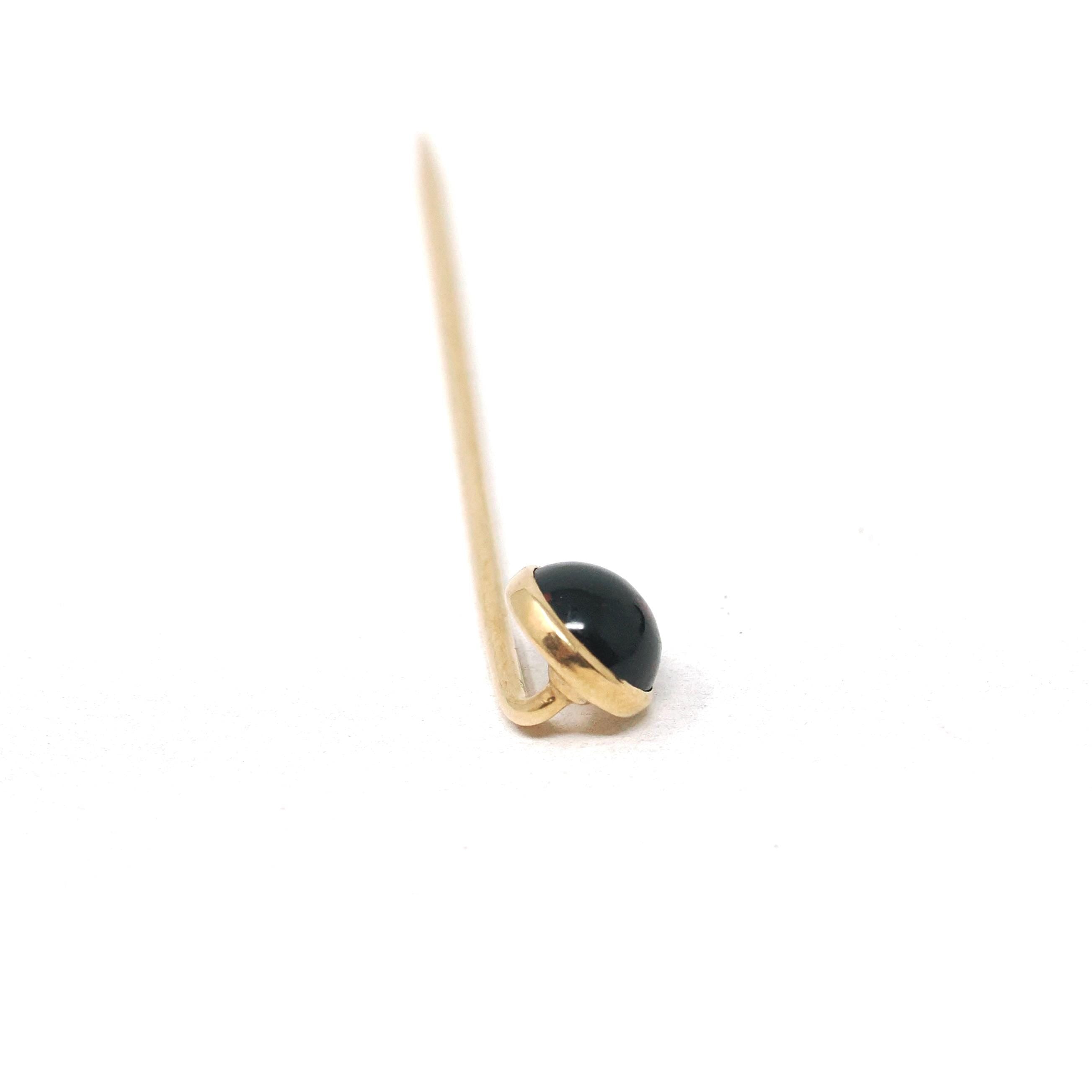 Bloodstone Stick Pin - Edwardian 14k Yellow Gold Natural Cabochon Cut Gem - Antique Circa 1910s Era Fashion Accessory Neckwear Fine Jewelry