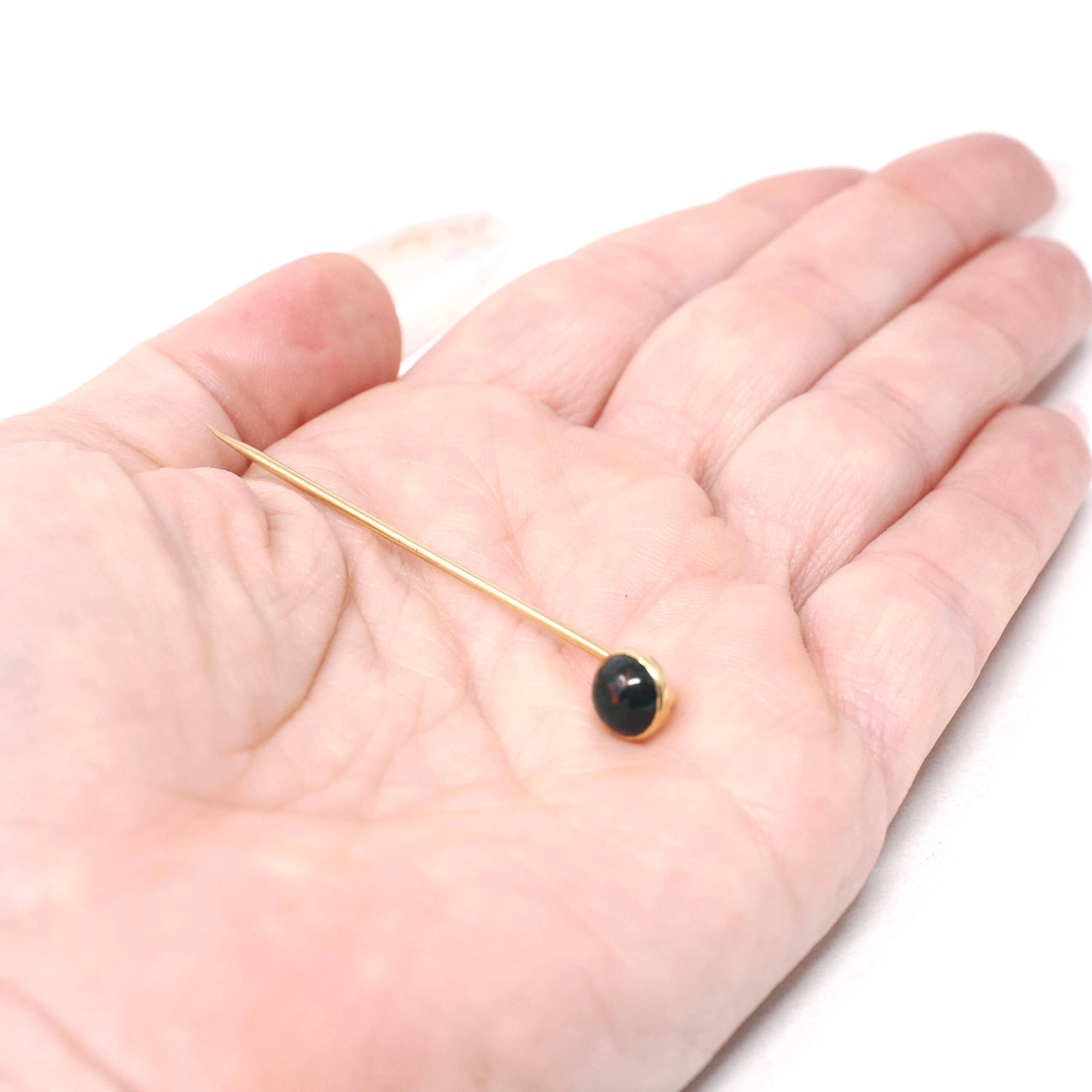 Bloodstone Stick Pin - Edwardian 14k Yellow Gold Natural Cabochon Cut Gem - Antique Circa 1910s Era Fashion Accessory Neckwear Fine Jewelry