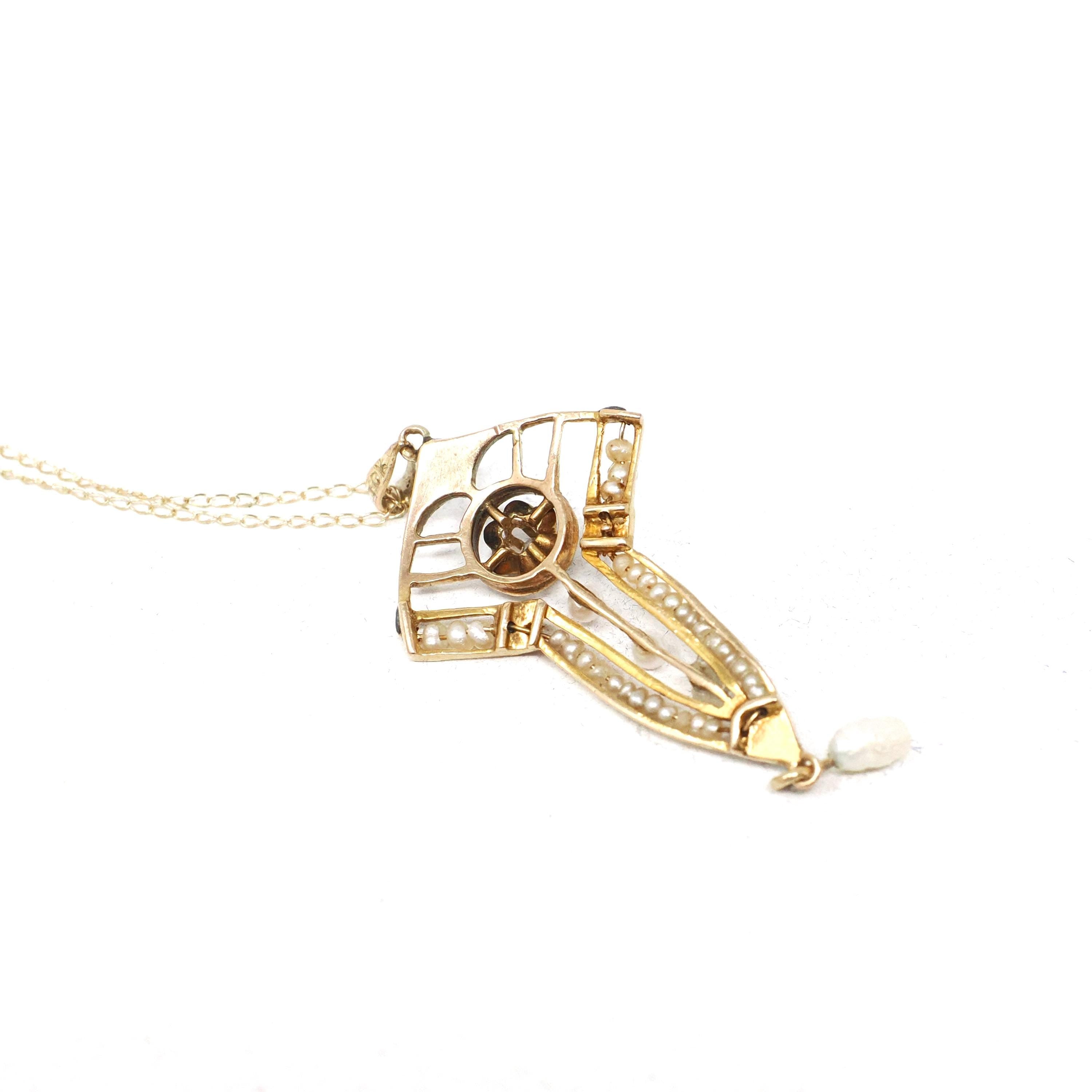 Edwardian Lavalier Pendant - Antique 10k Gold .02 CT Natural Diamond Black Enamel Charm Necklace - Circa 1910s Era Seed Pearl Fine Jewelry