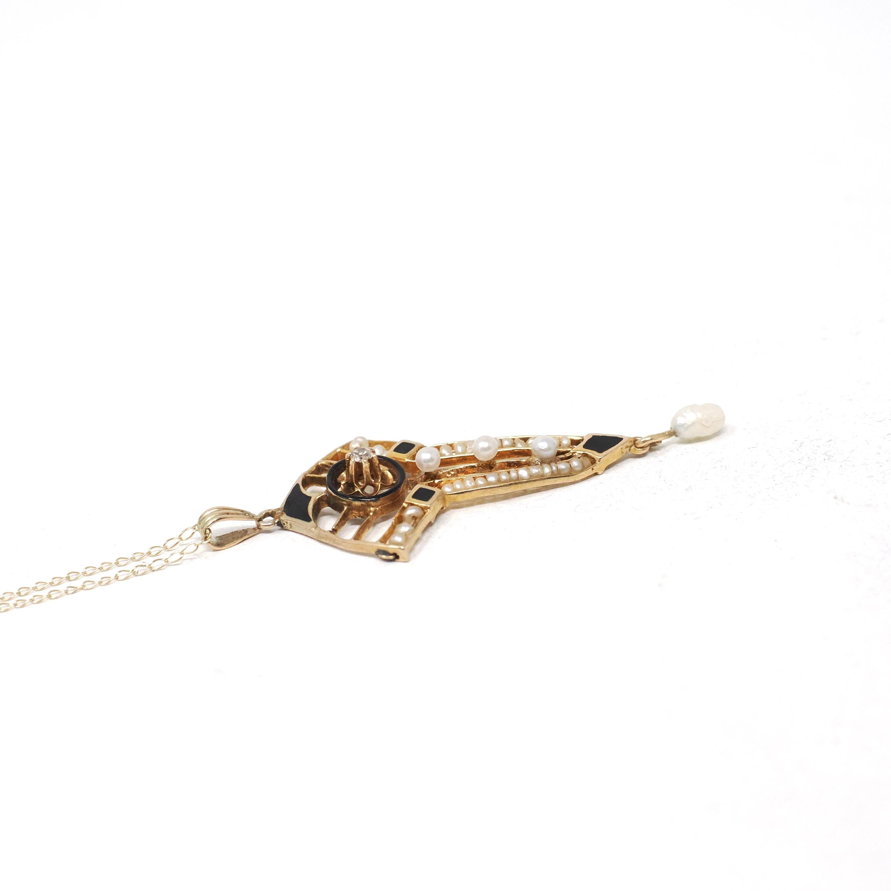 Edwardian Lavalier Pendant - Antique 10k Gold .02 CT Natural Diamond Black Enamel Charm Necklace - Circa 1910s Era Seed Pearl Fine Jewelry