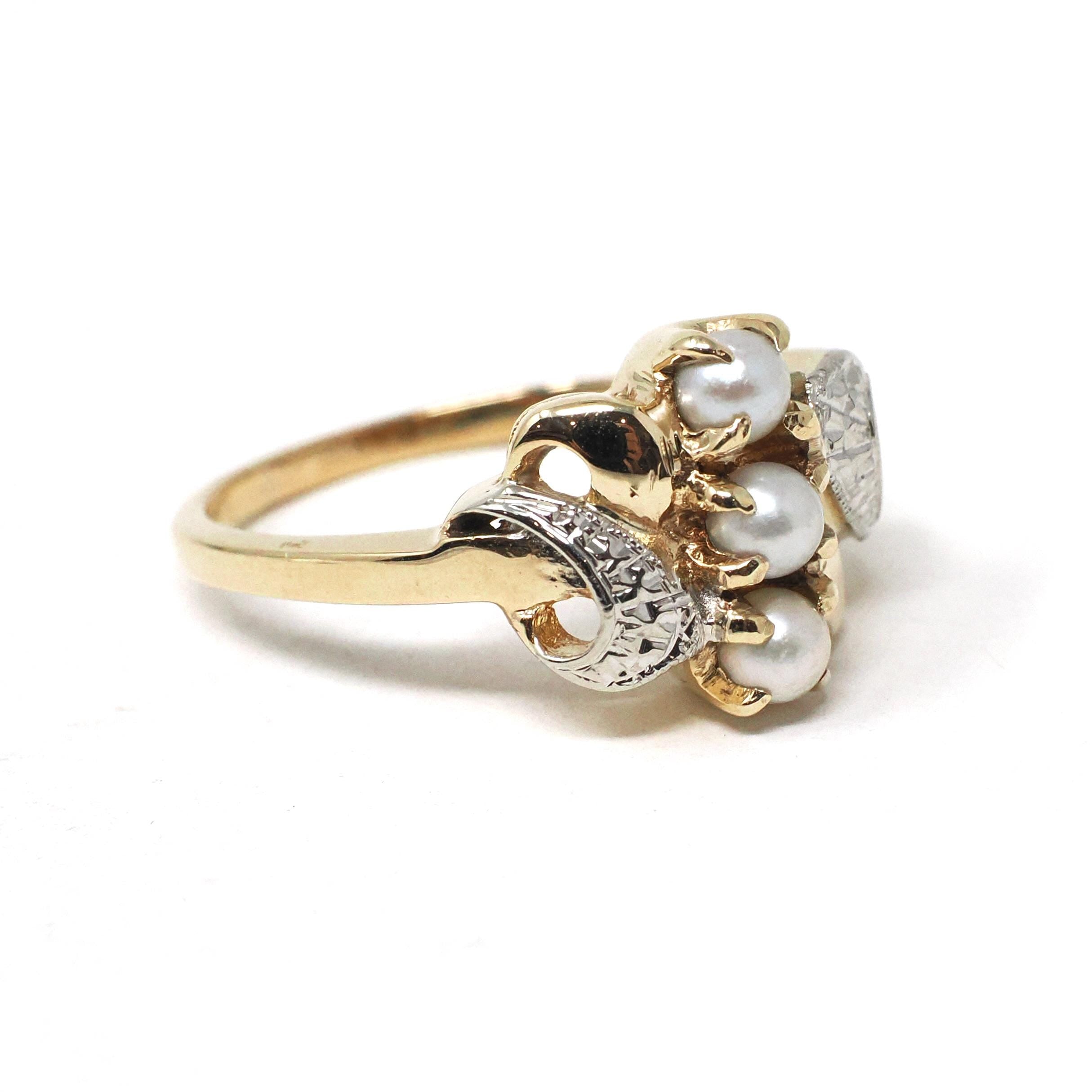 Pearl Bypass Ring - Mid Century 10k Two Tone Gold 3.5 MM Organic Cultured Gems - Vintage Circa 1960s Era Size 8.5 Fine Statement Jewelry
