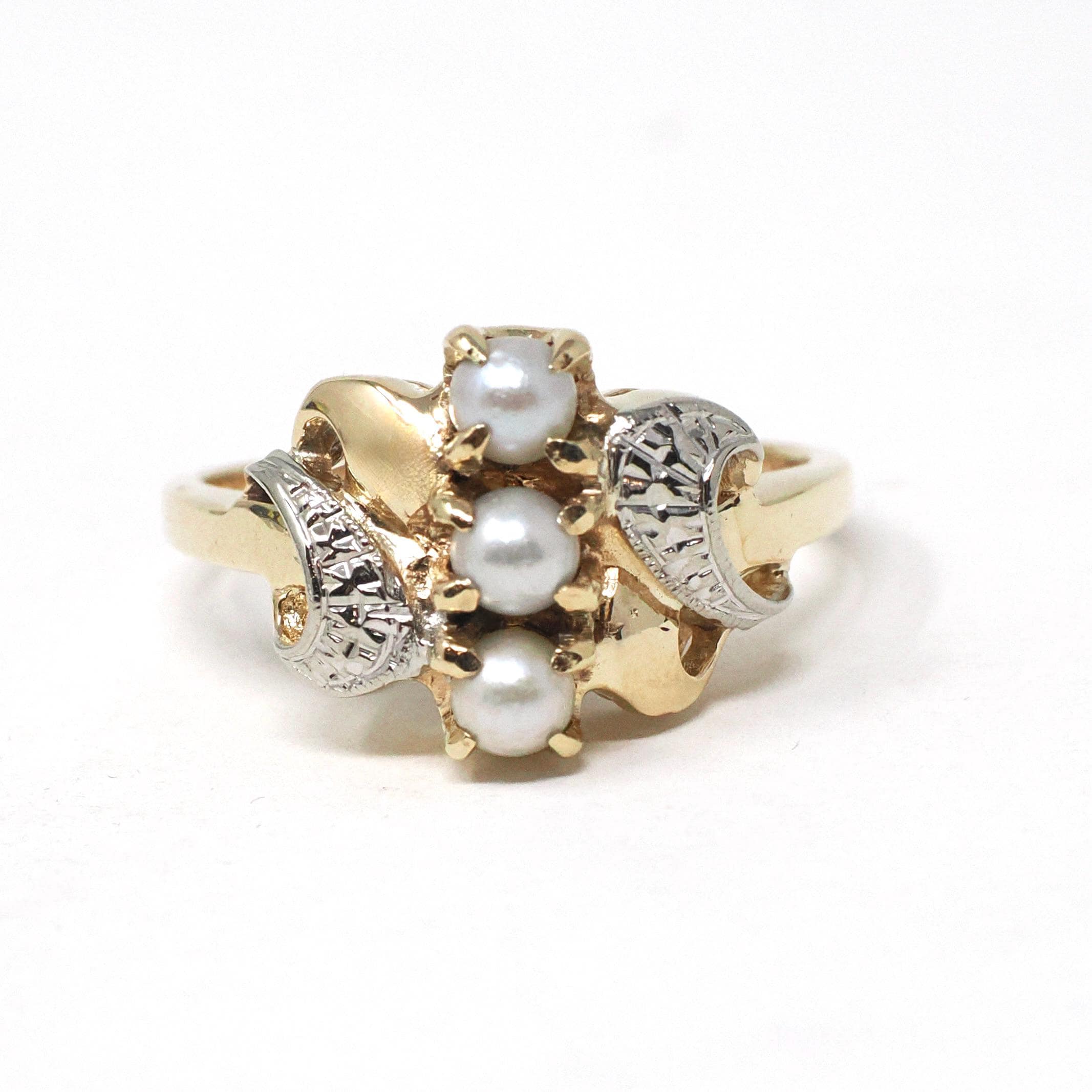 Pearl Bypass Ring - Mid Century 10k Two Tone Gold 3.5 MM Organic Cultured Gems - Vintage Circa 1960s Era Size 8.5 Fine Statement Jewelry