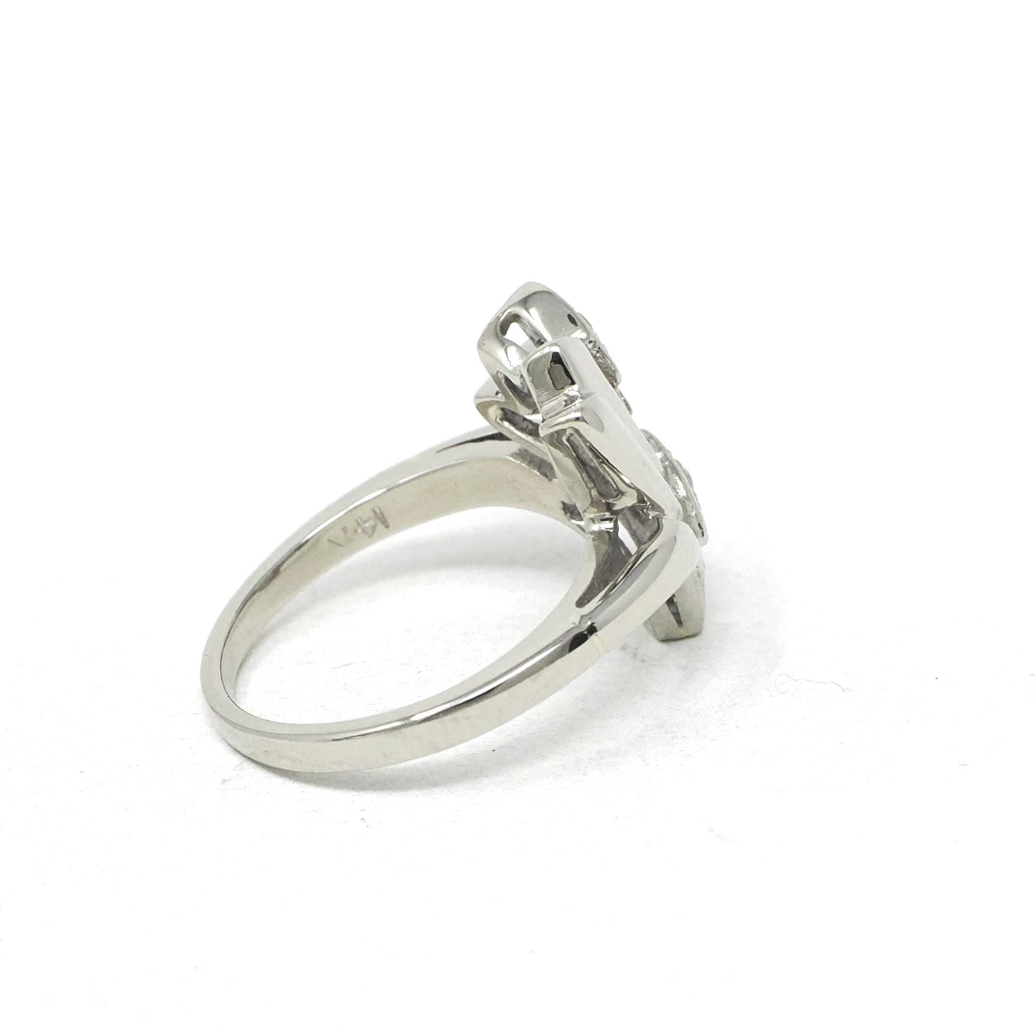 Vintage Diamond Ring - Mid Century 14k White Gold .10CTW Asymmetrical Cocktail Statement - Circa 1940s Size 5 Cluster Spray Fan Fine Jewelry