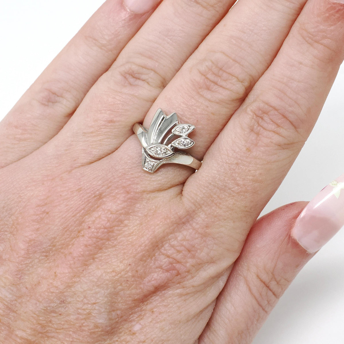 Vintage Diamond Ring - Mid Century 14k White Gold .10CTW Asymmetrical Cocktail Statement - Circa 1940s Size 5 Cluster Spray Fan Fine Jewelry