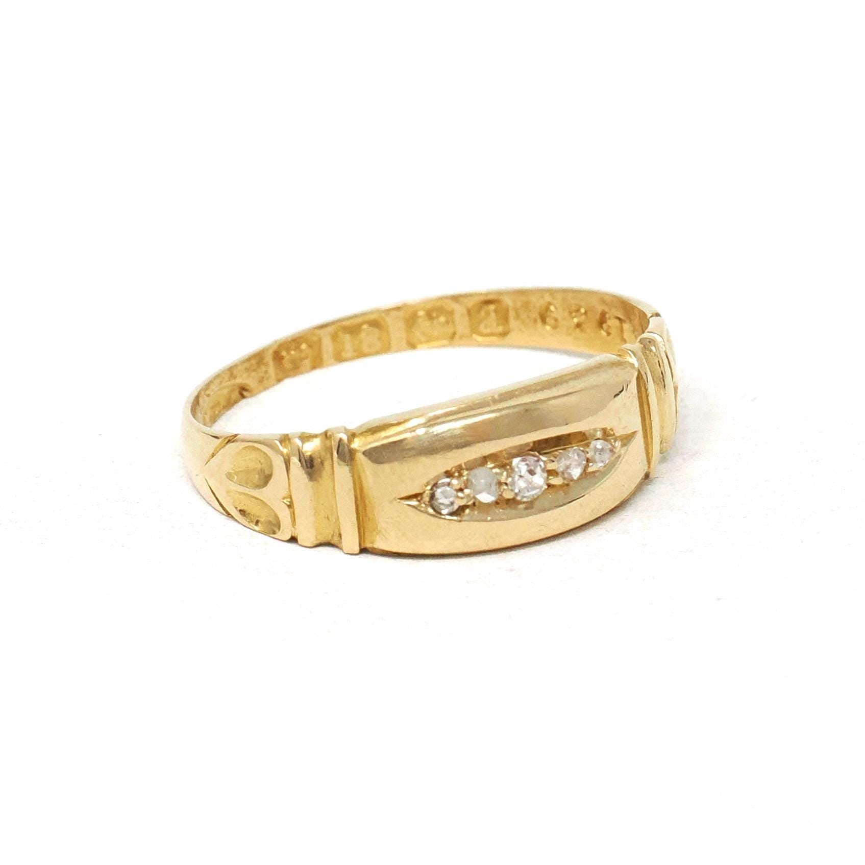Antique Diamond Band - Victorian Era 18k Yellow Gold Natural Five Gemstone Ring - Hallmarked 1900 Size 6 1/2 Birmingham Fine Bridal Jewelry
