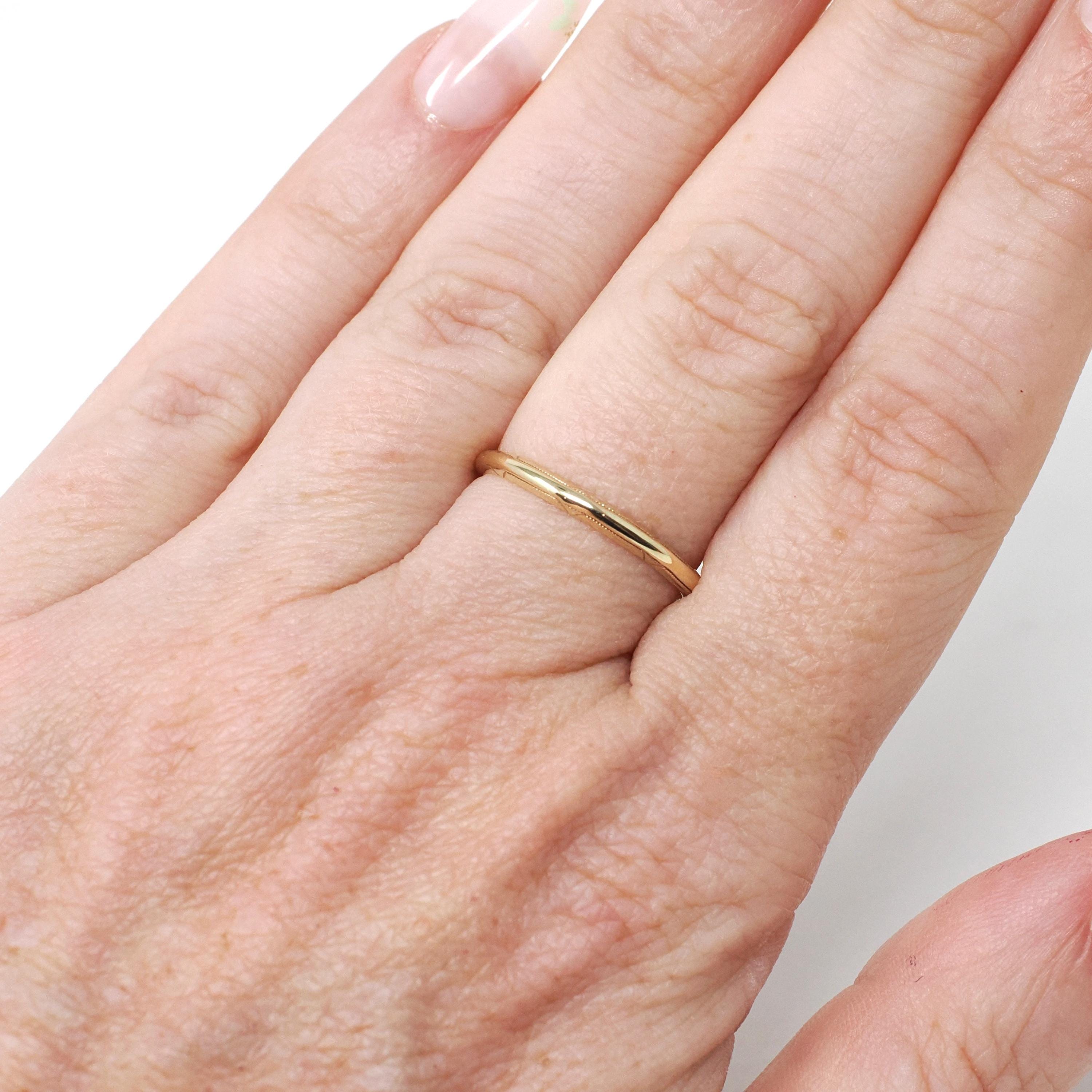 Vintage Wedding Band - Art Deco Era 14k Yellow Gold Milgrain Engraved 1.9mm Ring - Circa 1930s Size 5 3/4 Comfort Fit Fine Belais Jewelry