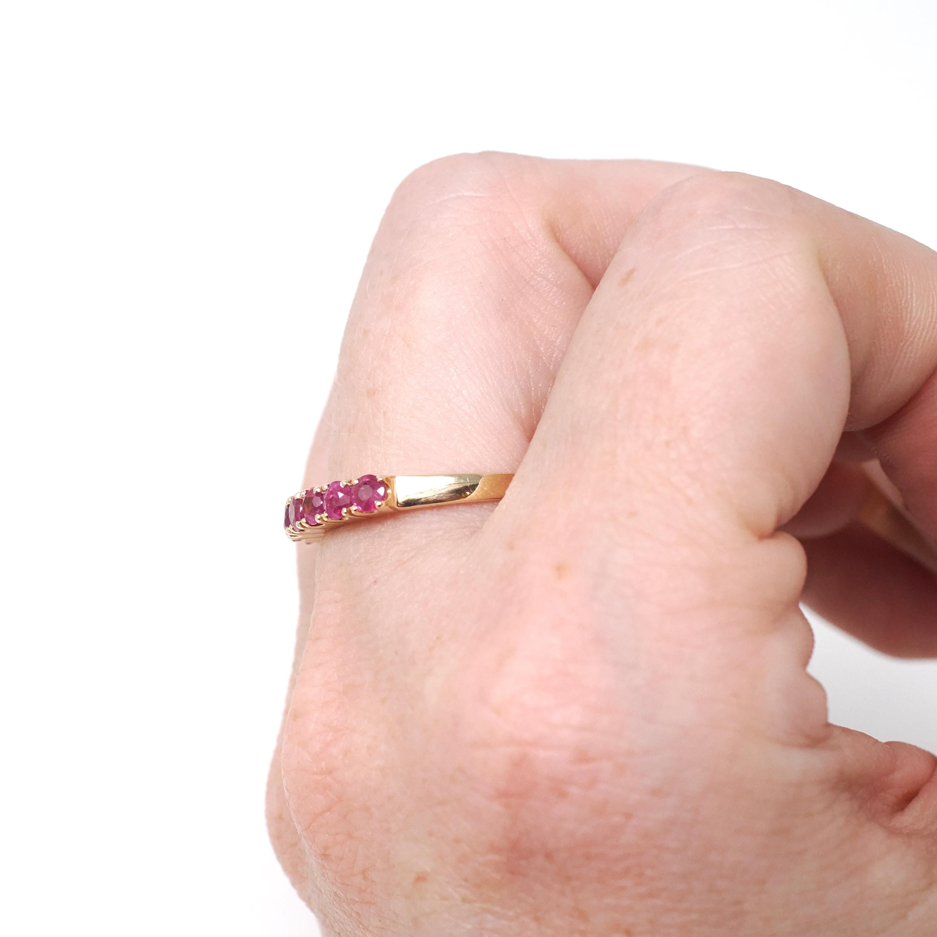 Modern Ruby Band - Estate 14k Yellow Gold Round Faceted Gems Stacking Ring - Vintage Circa 1990's Era Size 7 3/4 July Birthstone Jewelry