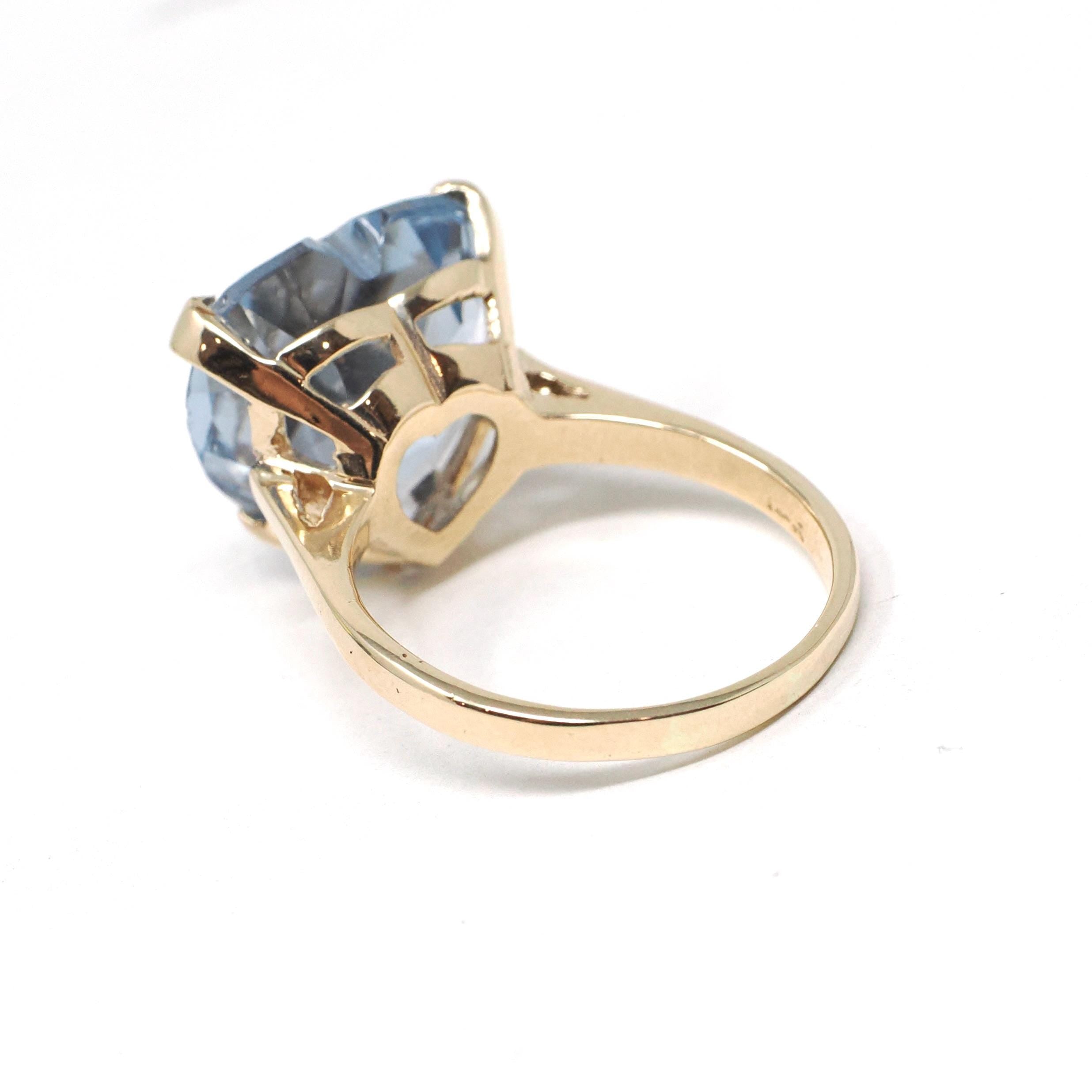 Modern Heart Ring - Estate 14k Yellow Gold Light Blue Created Spinel Faceted Gemstone - Circa 1980s Era Size 8 3/4 Fine Statement Jewelry