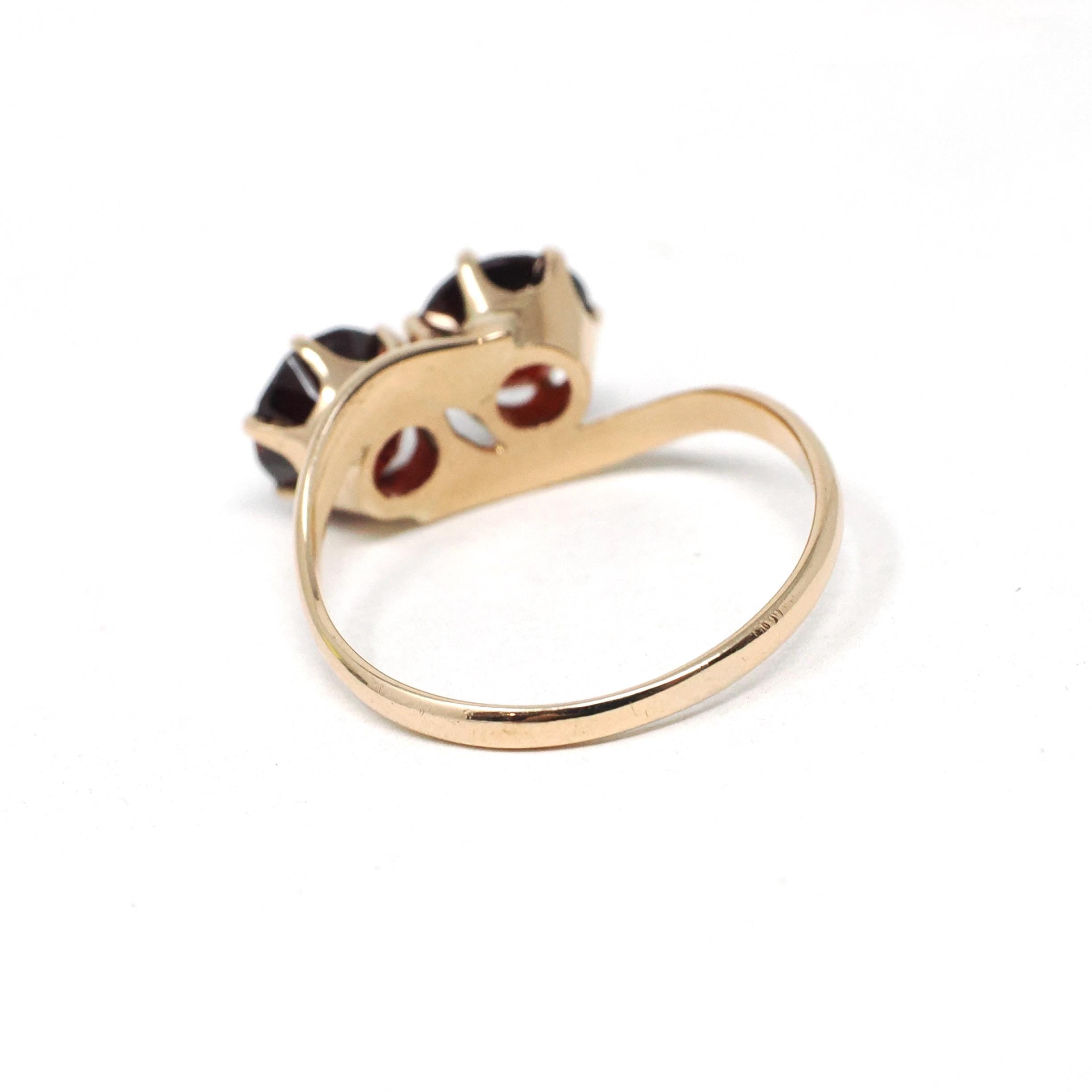 Toi Et Moi Ring - Vintage 10k Rosy Yellow Gold Red Garnet Gems Bypass - Retro Circa 1940s Era Size 5 1/2 January Birthstone Fine Jewelry