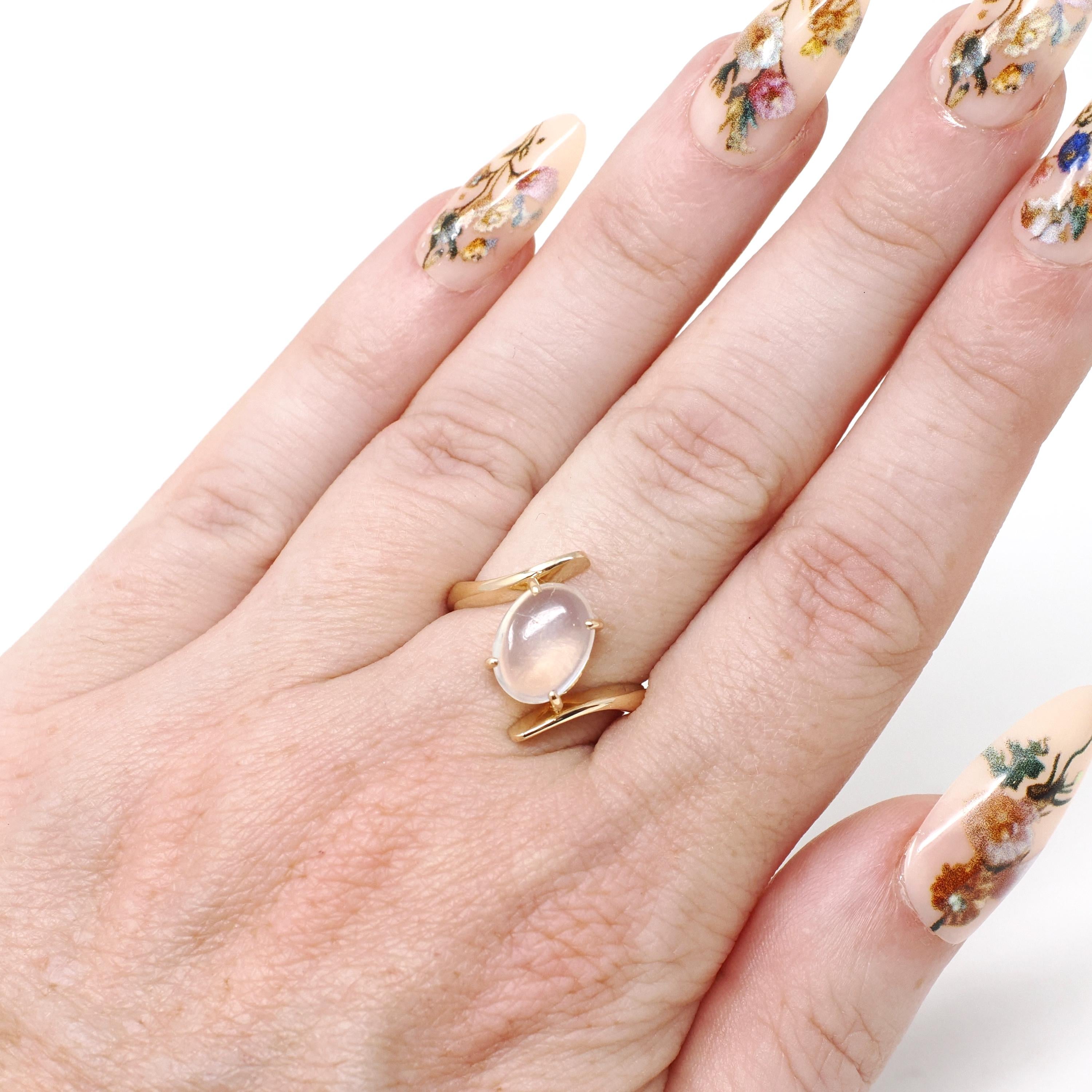 Moonstone Bypass Ring - Vintage 18k Yellow Gold Natural Oval Cabochon Gem -Modern Estate Size 5 3/4 June Birthstone Fine Statement Jewelry