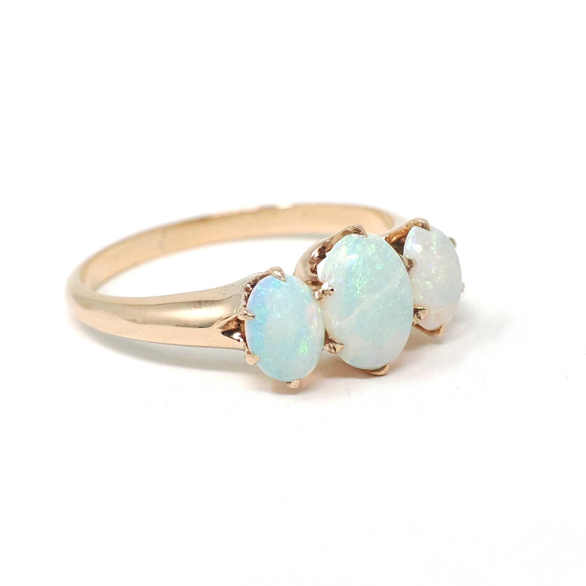 Antique Opal Ring - Edwardian 10k Rosy Yellow Gold Natural Three Cabochon Cut Stones - Circa 1900s Era Size 5 3/4 Fine Statement Jewelry