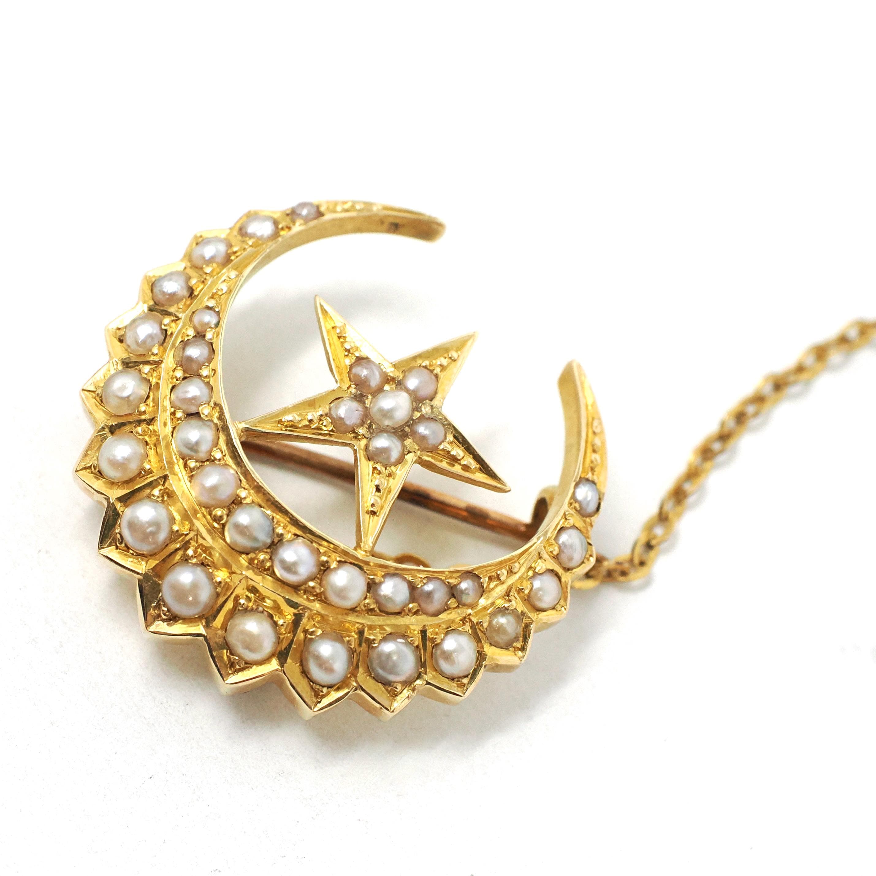 Antique Celestial Brooch - Victorian 18k Yellow Gold Seed Pearl Gemstones - Circa 1890s Era Crescent Moon & Star Pin Fine Statement Jewelry