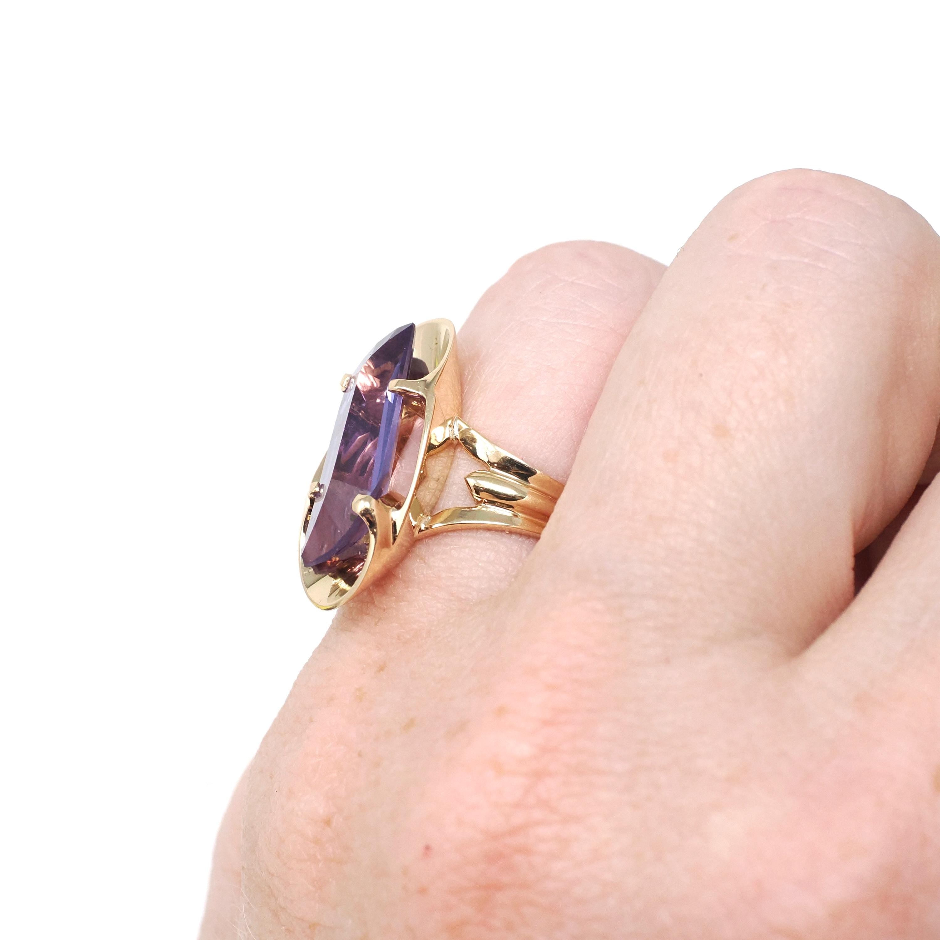 Color Change Ring - Mid Century 14k Yellow Gold Created Purple Blue Sapphire - Vintage Circa 1960s Size 4 Fancy Cut Fine Statement Jewelry