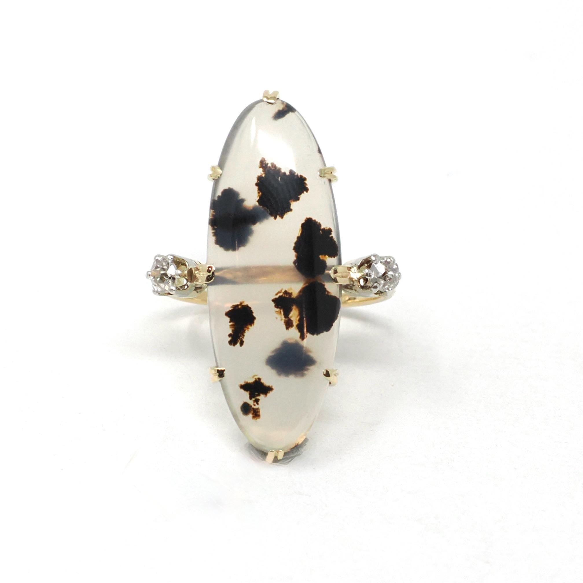 Dendritic Agate Ring - Edwardian 18k Yellow Gold & Platinum Cabochon Cut Gem- Antique Circa 1900s Era Size 6 1/2 Diamond Accent Fine Jewelry