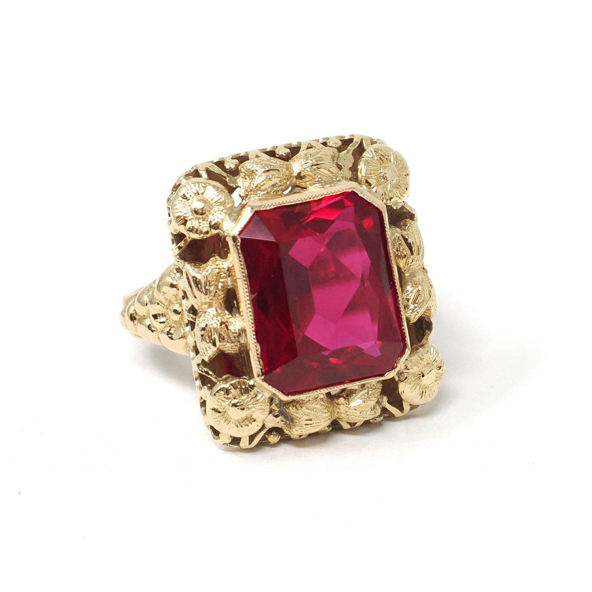 Vintage Created Ruby Ring - Retro 14k Yellow Gold French Cut Rectangular Red Gem Flower Statement - Circa 1940s Size 5 Floral Fine Jewelry
