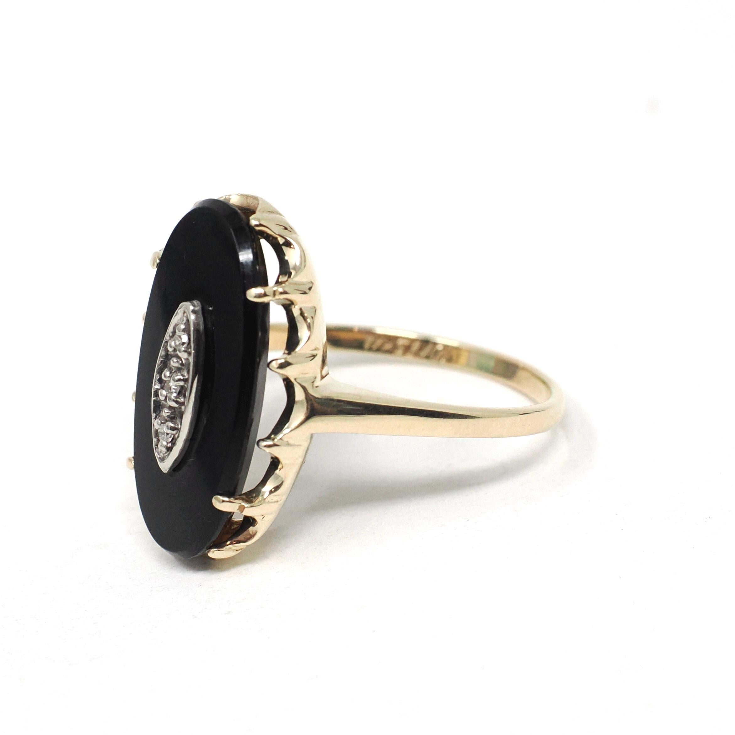 Vintage Onyx Ring - Mid Century 10k Yellow Gold Black Chalcedony & .02 CT Natural Diamond - Circa 1940s Era Size 8.5 Statement Fine Jewelry