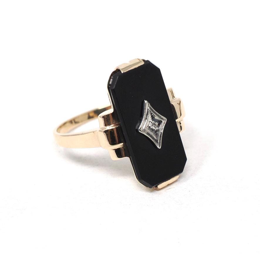Vintage Onyx Ring - Mid Century 10k Yellow Gold Black Chalcedony & Natural Diamond - Circa 1940s Size 6 1/2 Statement Fine Two Tone Jewelry