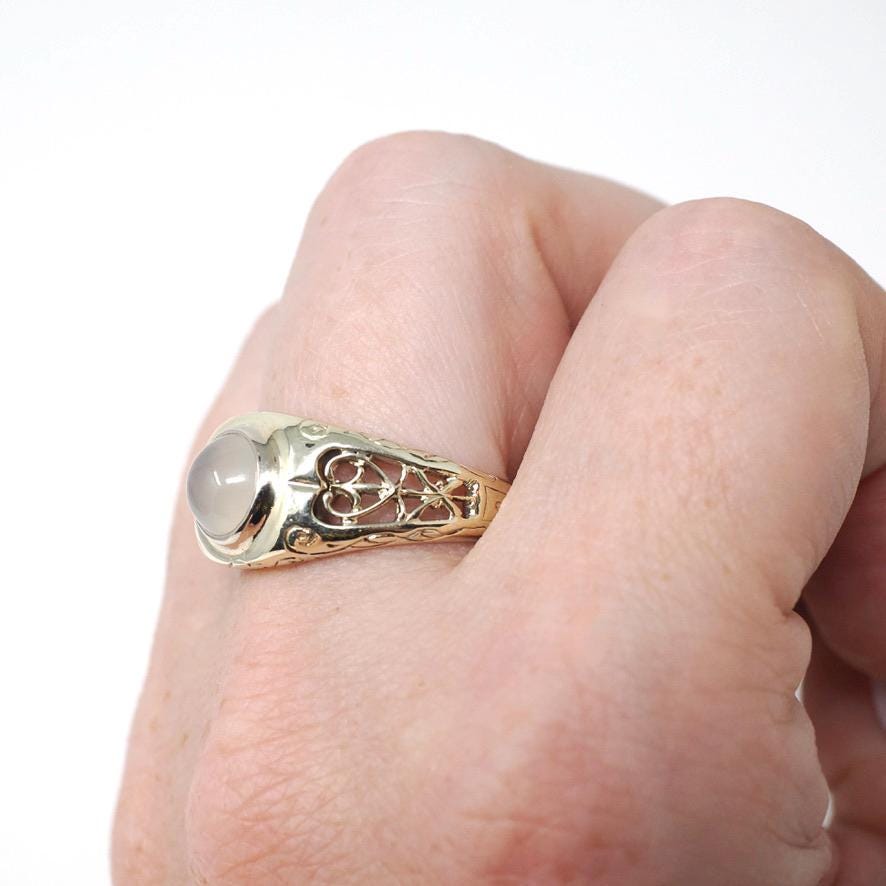Edwardian Moonstone Ring - Antique 14k White Gold Natural Bezel Feldspar Gemstone Statement - Estate Size 9 Heart XO Filigree Fine Jewelry
