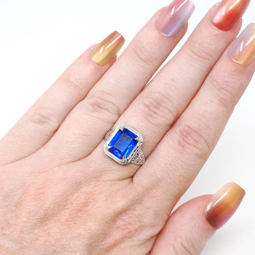 Art Deco Ring - Vintage 14k White Gold Blue Glass Triplet Stone Simulated Sapphire - Antique Circa 1920s Size 5 1/2 Filigree Fine Jewelry