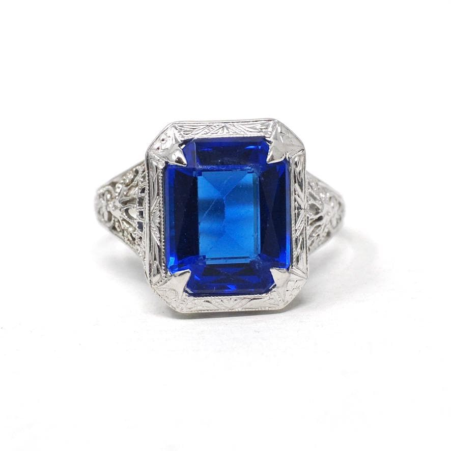 Art Deco Ring - Vintage 14k White Gold Blue Glass Triplet Stone Simulated Sapphire - Antique Circa 1920s Size 5 1/2 Filigree Fine Jewelry