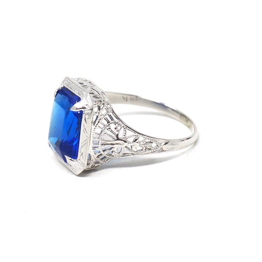 Art Deco Ring - Vintage 14k White Gold Blue Glass Triplet Stone Simulated Sapphire - Antique Circa 1920s Size 5 1/2 Filigree Fine Jewelry