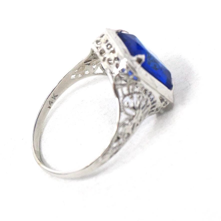 Art Deco Ring - Vintage 14k White Gold Blue Glass Triplet Stone Simulated Sapphire - Antique Circa 1920s Size 5 1/2 Filigree Fine Jewelry