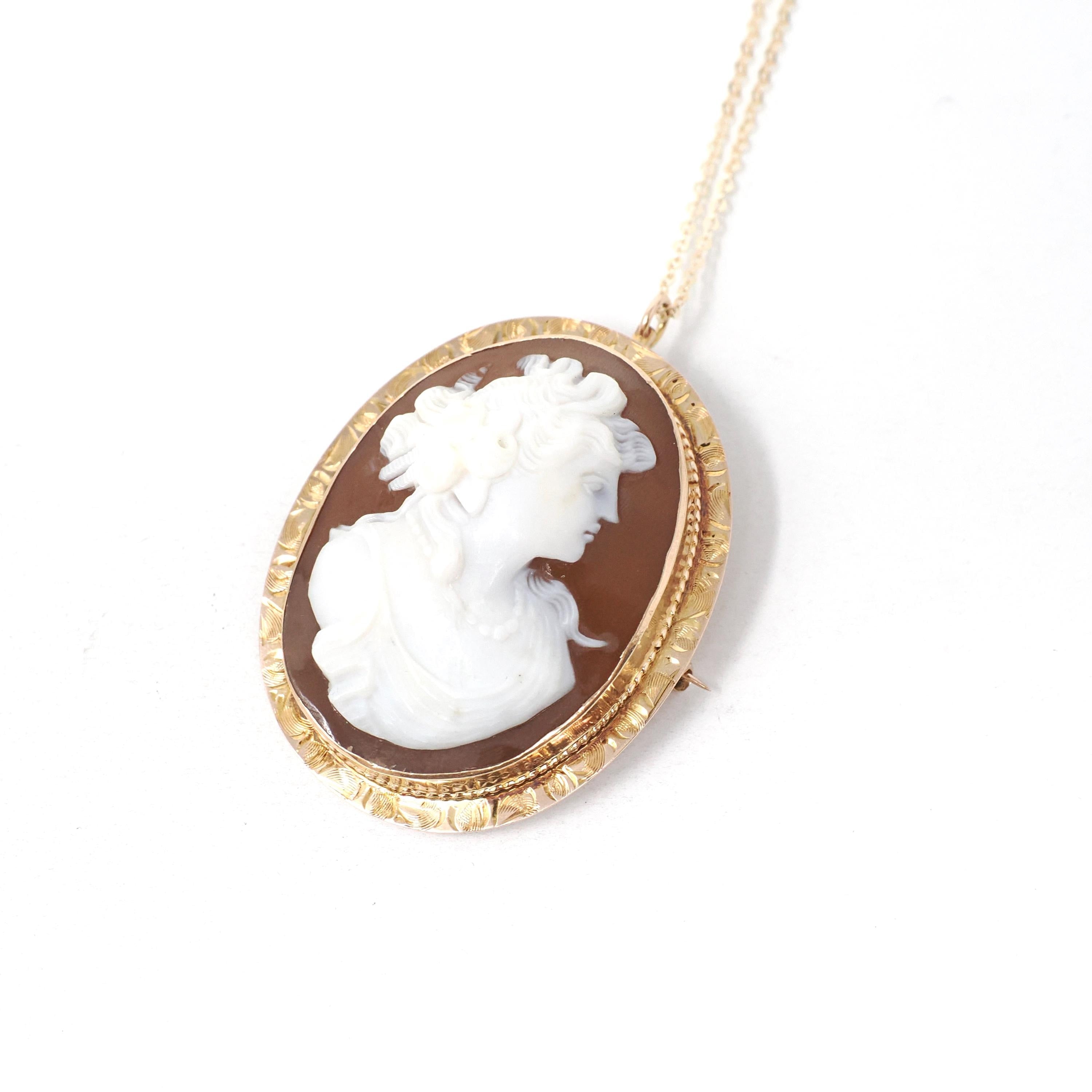 Edwardian Cameo Pendant - 10k Rose Gold Carved Brown Shell Oval Portrait Necklace Brooch Pin - Circa 1910s Era Fine Convertible Jewelry