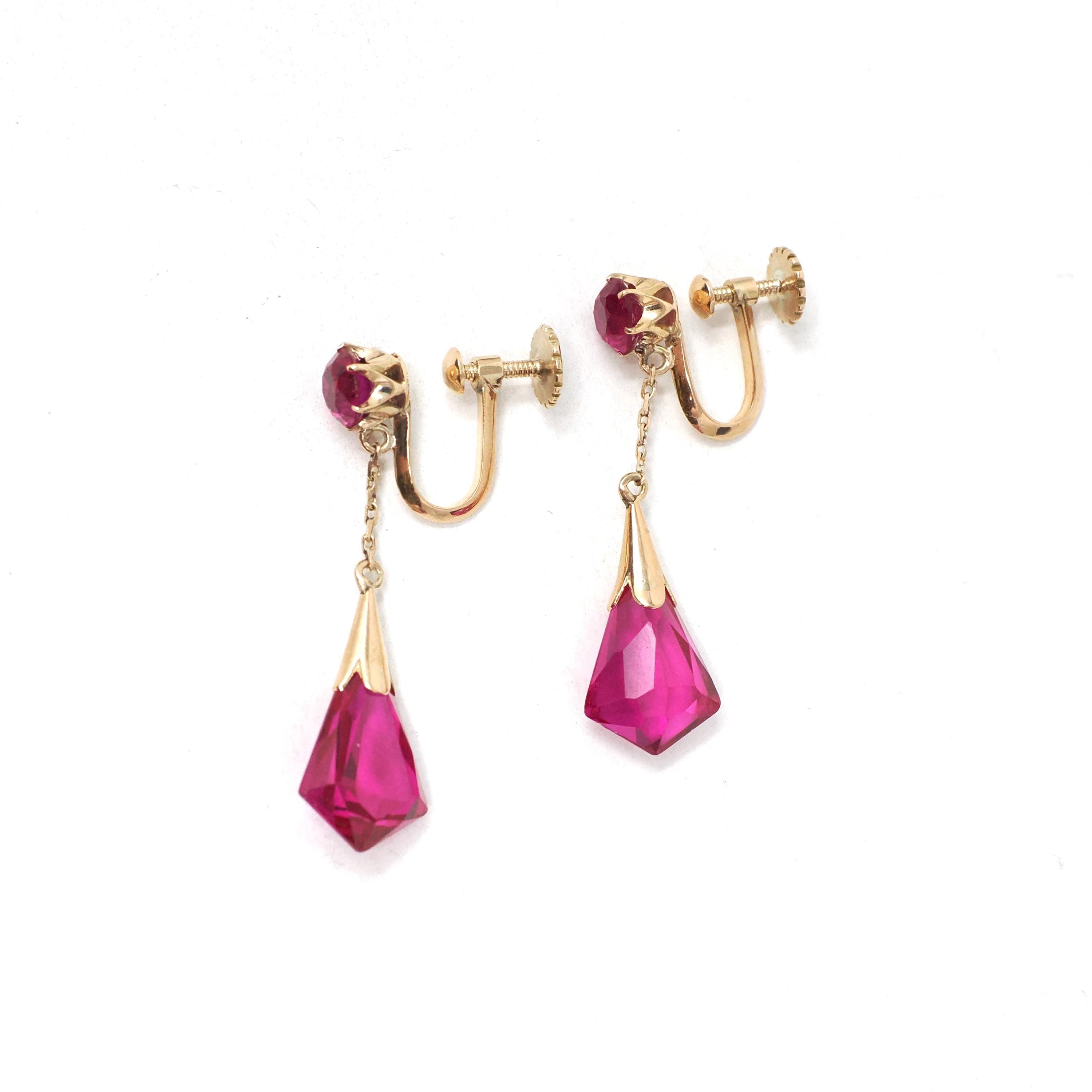 Created Ruby Earrings - Mid Century 14k Yellow Gold Red Fantasy Cut Screwback Drops - Circa 1940s Dangle Unpierced Statement Fine Jewelry