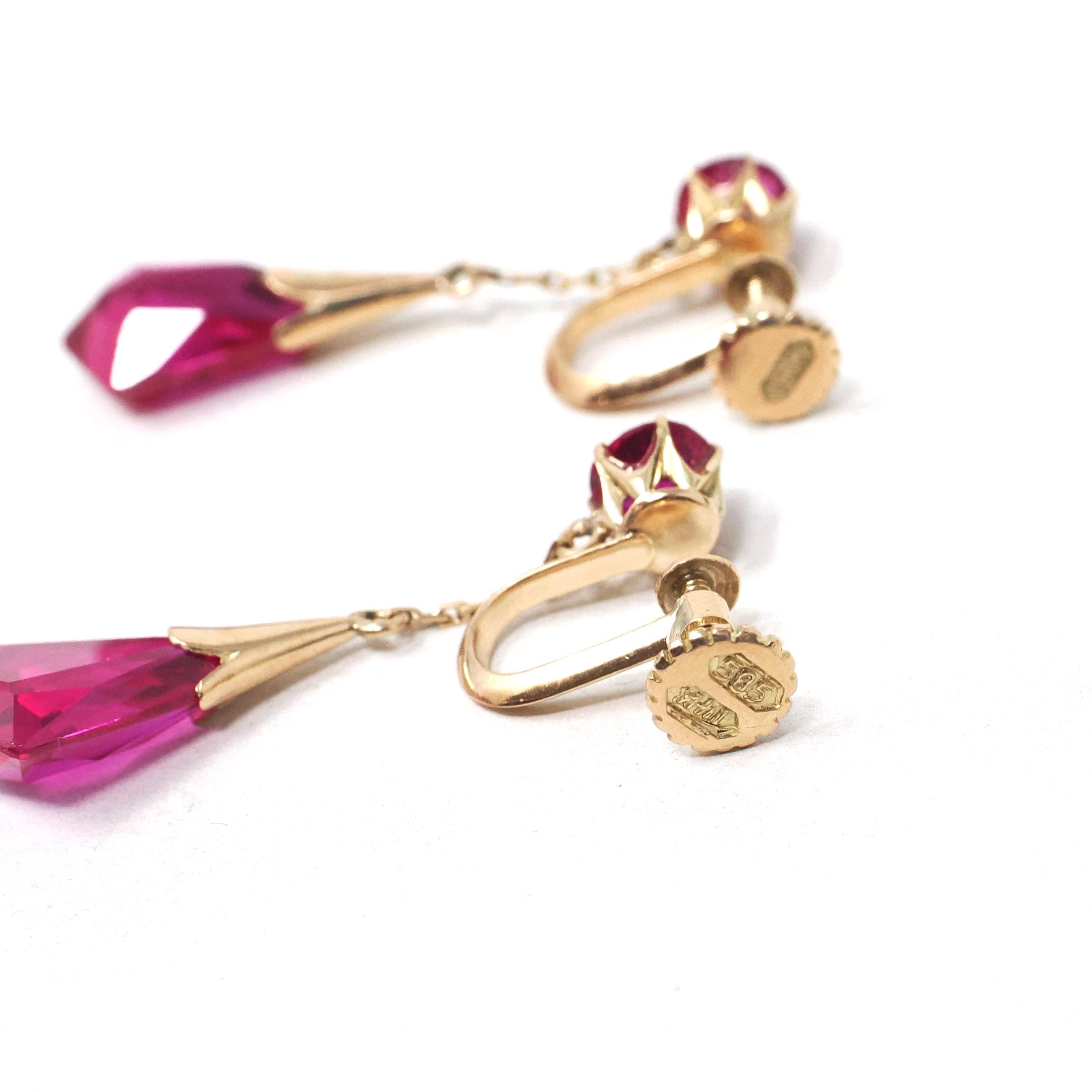 Created Ruby Earrings - Mid Century 14k Yellow Gold Red Fantasy Cut Screwback Drops - Circa 1940s Dangle Unpierced Statement Fine Jewelry