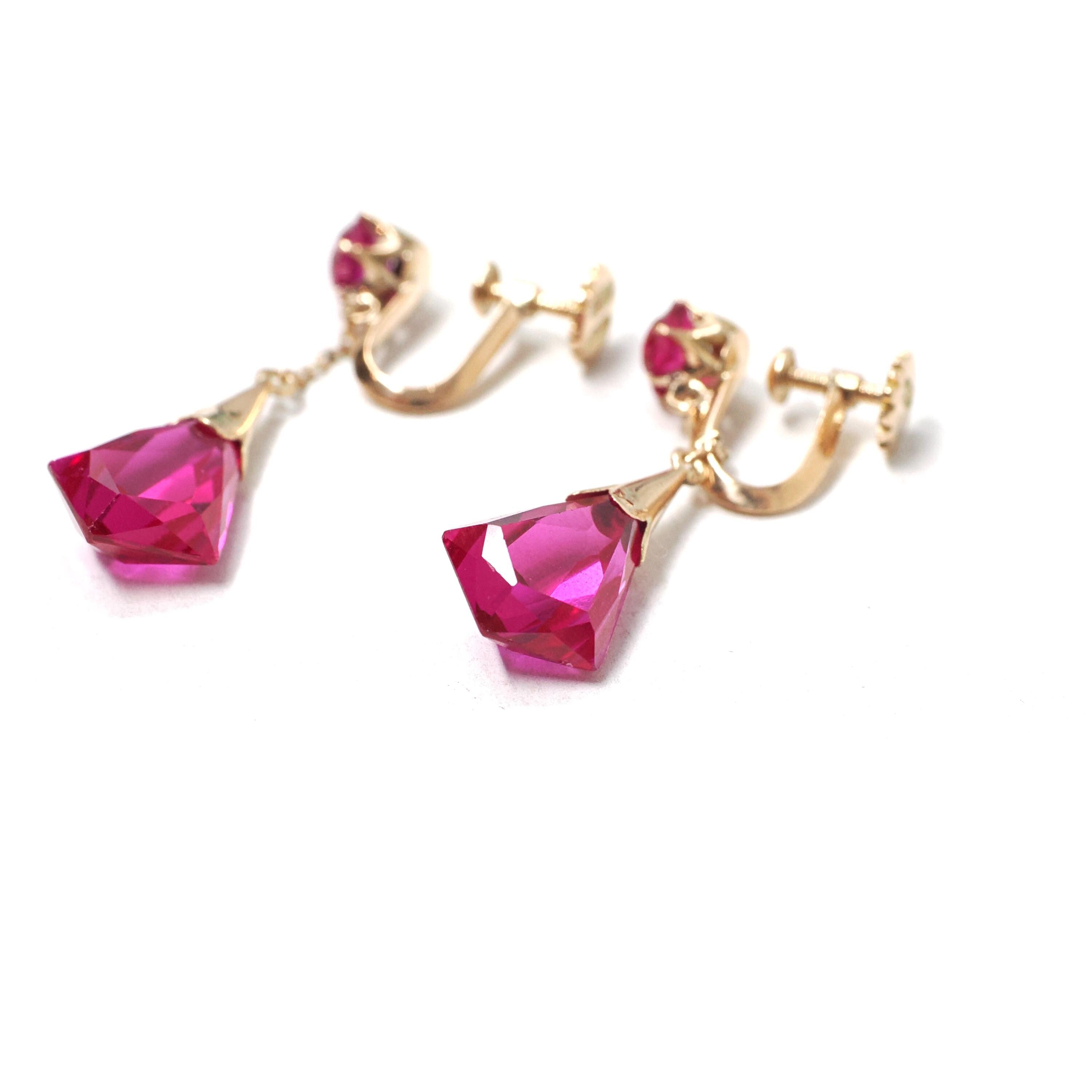 Created Ruby Earrings - Mid Century 14k Yellow Gold Red Fantasy Cut Screwback Drops - Circa 1940s Dangle Unpierced Statement Fine Jewelry