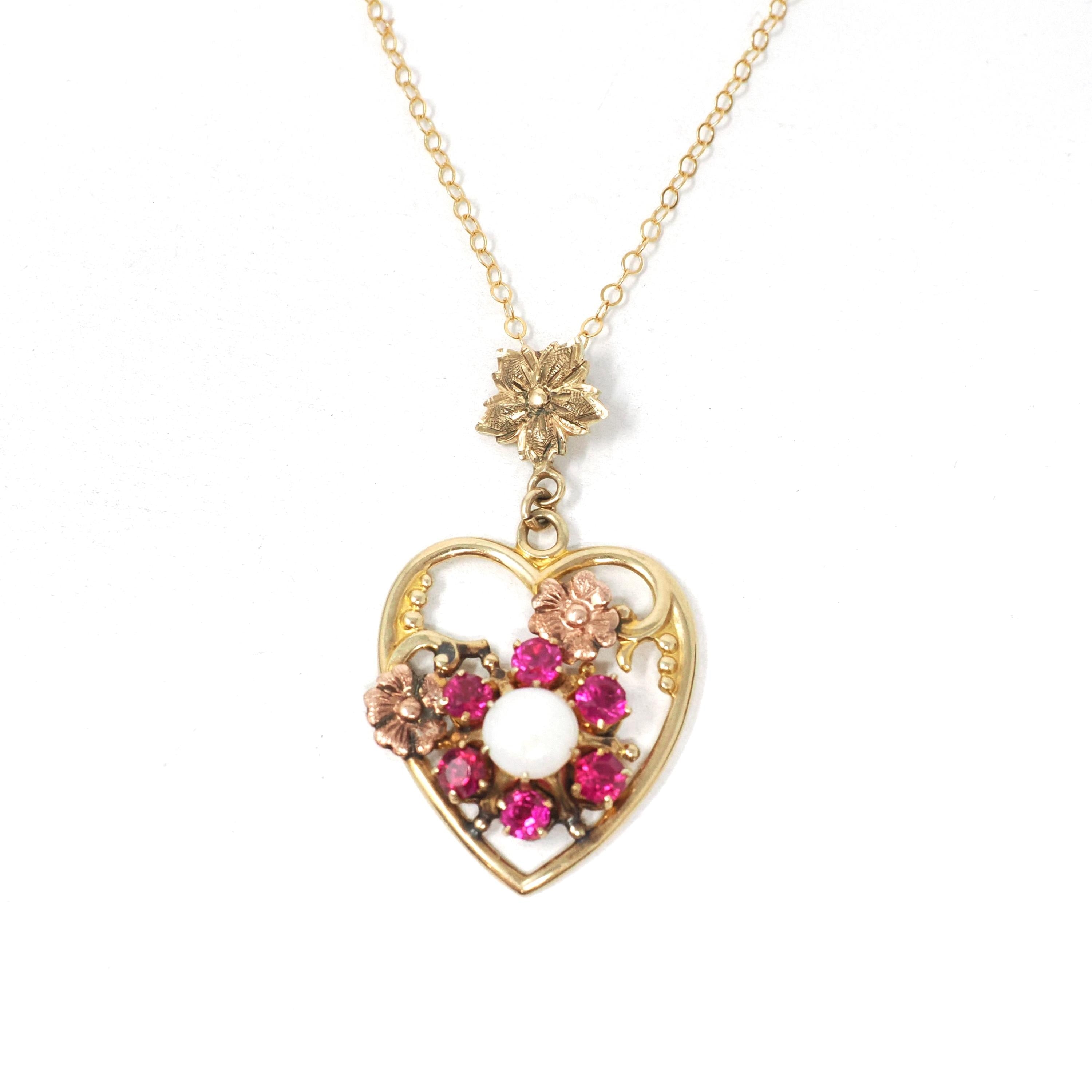 Gemstone Flower Heart Pendant - Mid Century 10k Yellow Rose Gold Opal Created Ruby Charm Necklace - Circa 1940s Era Fine Sweetheart Jewelry