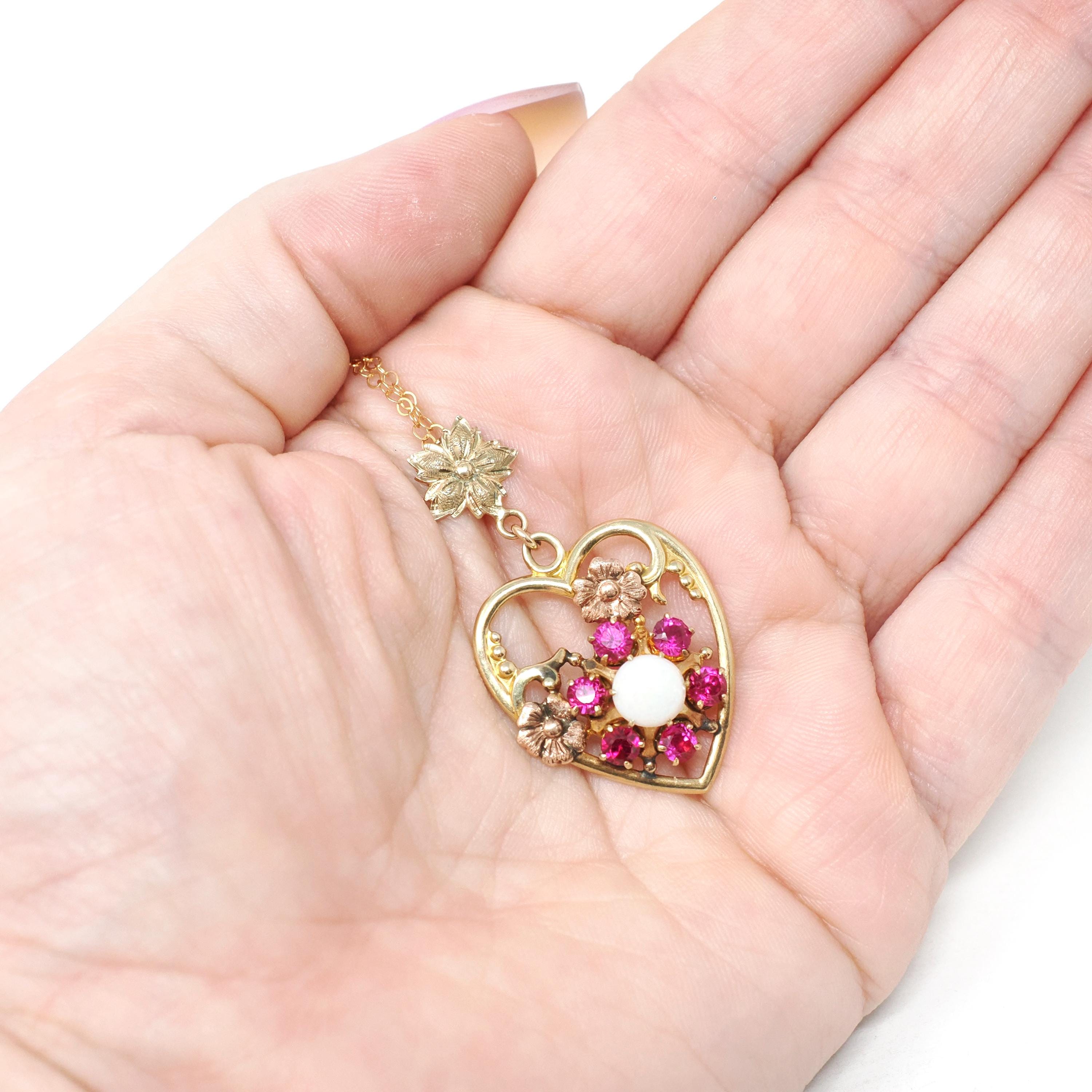 Gemstone Flower Heart Pendant - Mid Century 10k Yellow Rose Gold Opal Created Ruby Charm Necklace - Circa 1940s Era Fine Sweetheart Jewelry