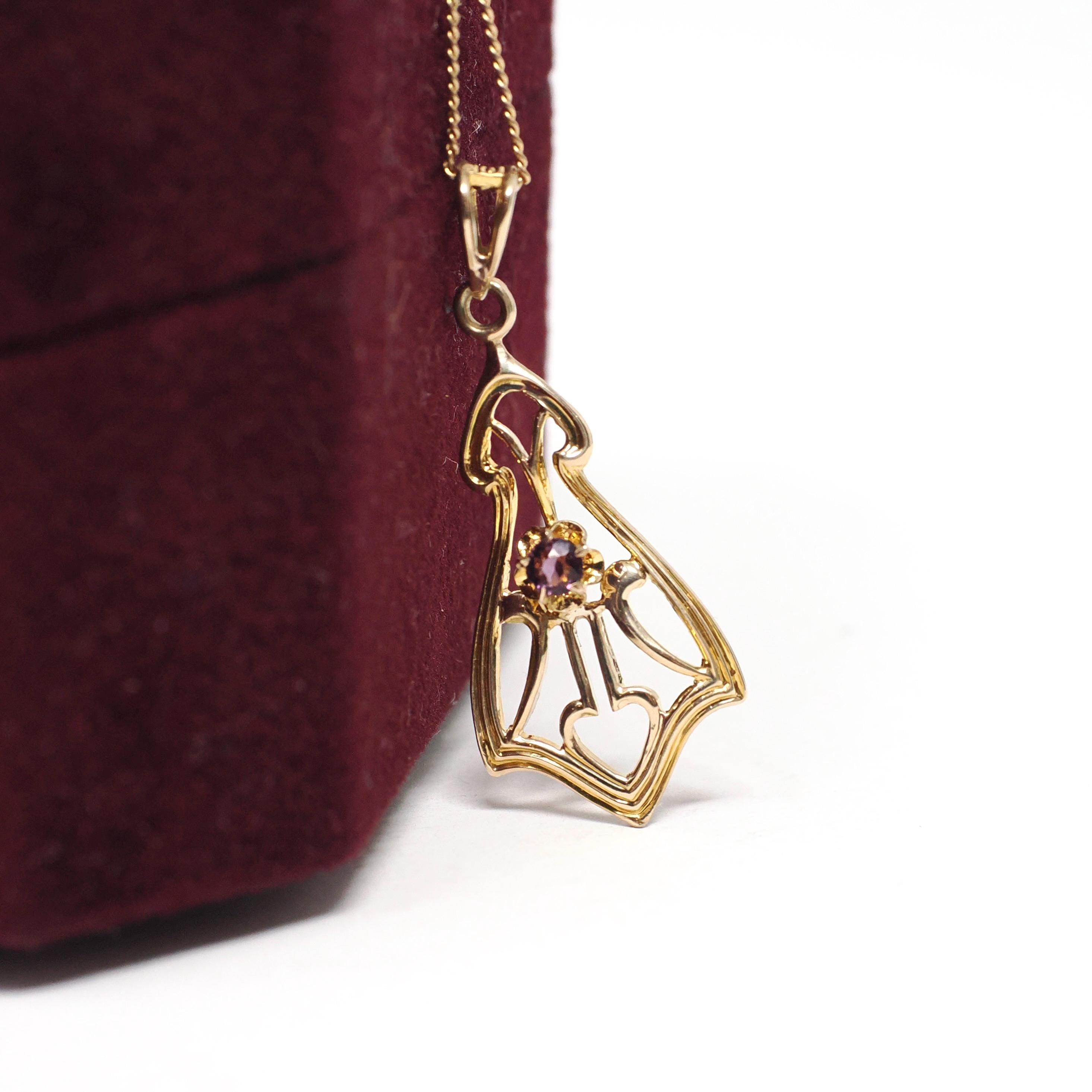 Antique Lavalier Necklace - Edwardian 10k Yellow Gold Round Faceted Purple Glass Stone Pendant - Vintage Circa 1910s Era Dainty Fine Jewelry