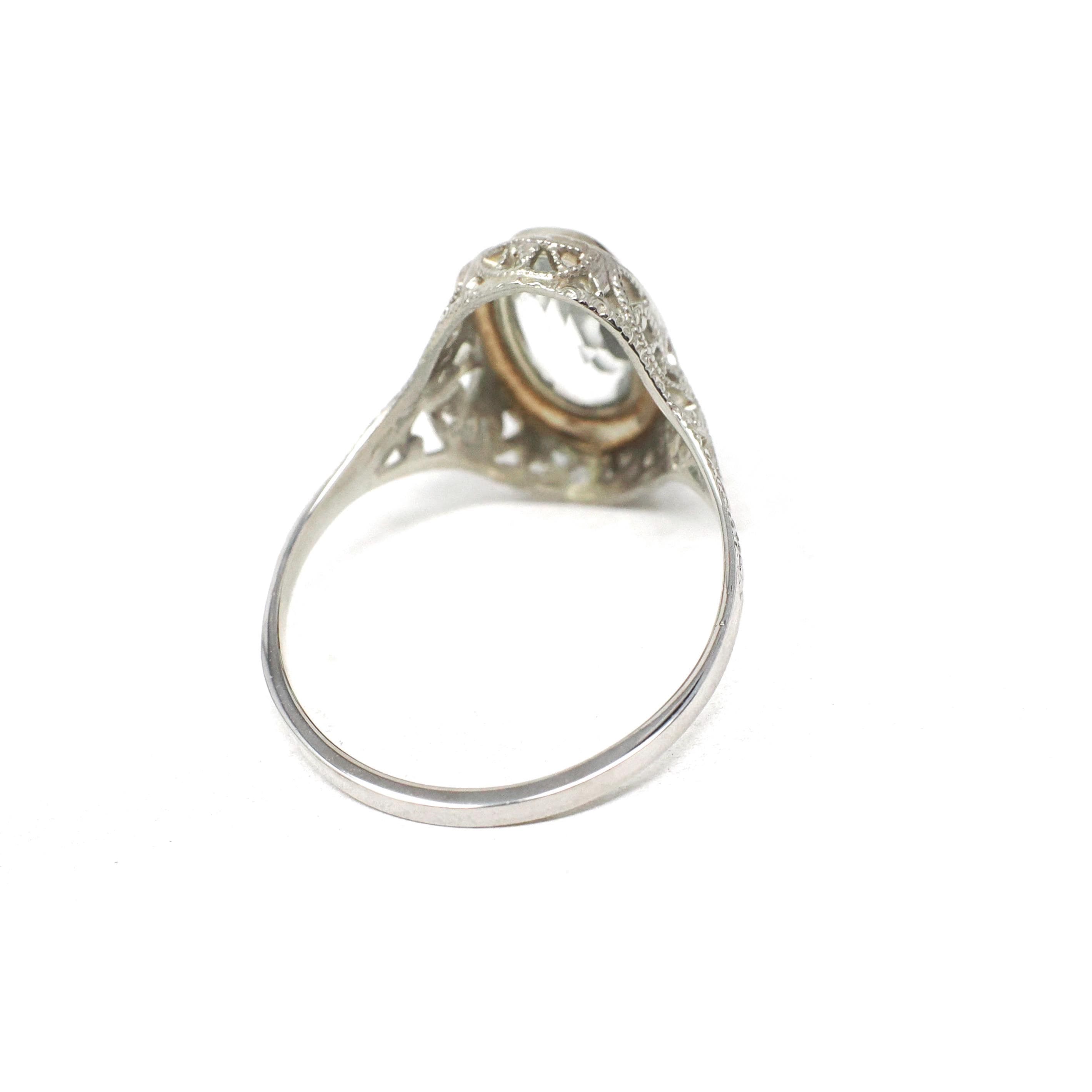 Vintage Aquamarine Ring - Art Deco 14k White Gold Oval Blue Bezel Gemstone Solitaire - Circa 1930s Size 6 Engagement Filigree Fine Jewelry