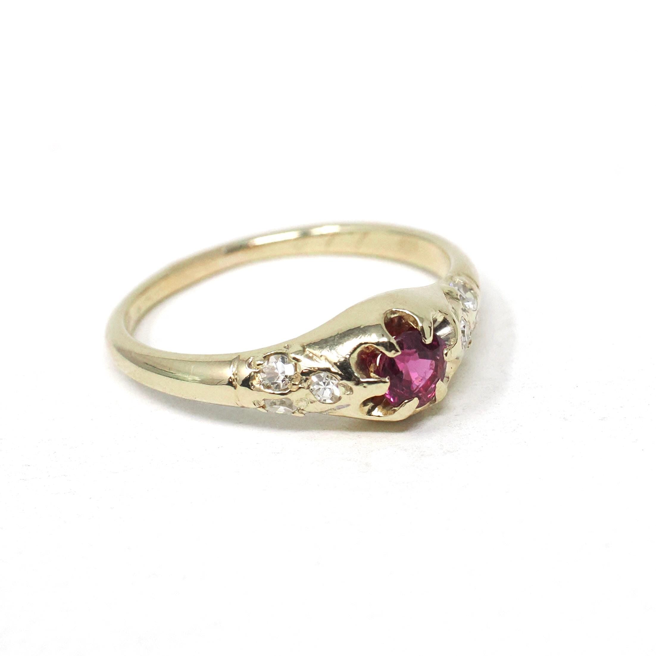 Vintage Ruby & Diamond Ring - Retro Era 14k Yellow Gold Natural Red Gemstone - Circa 1970s Size 6 Engagement Anniversary Fine Bridal Jewelry